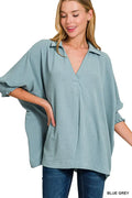 Zenana Airflow Collar Tee with Smocked Sleeve Band Top
