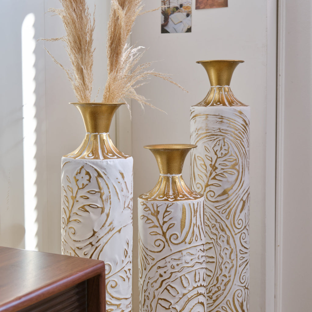 Floor Metal Vases Decorated White Metal Vases Set of 3 Gorgeous Home Decoration Large Glazed Metal Vases 24in/28.7in/33.5in Height