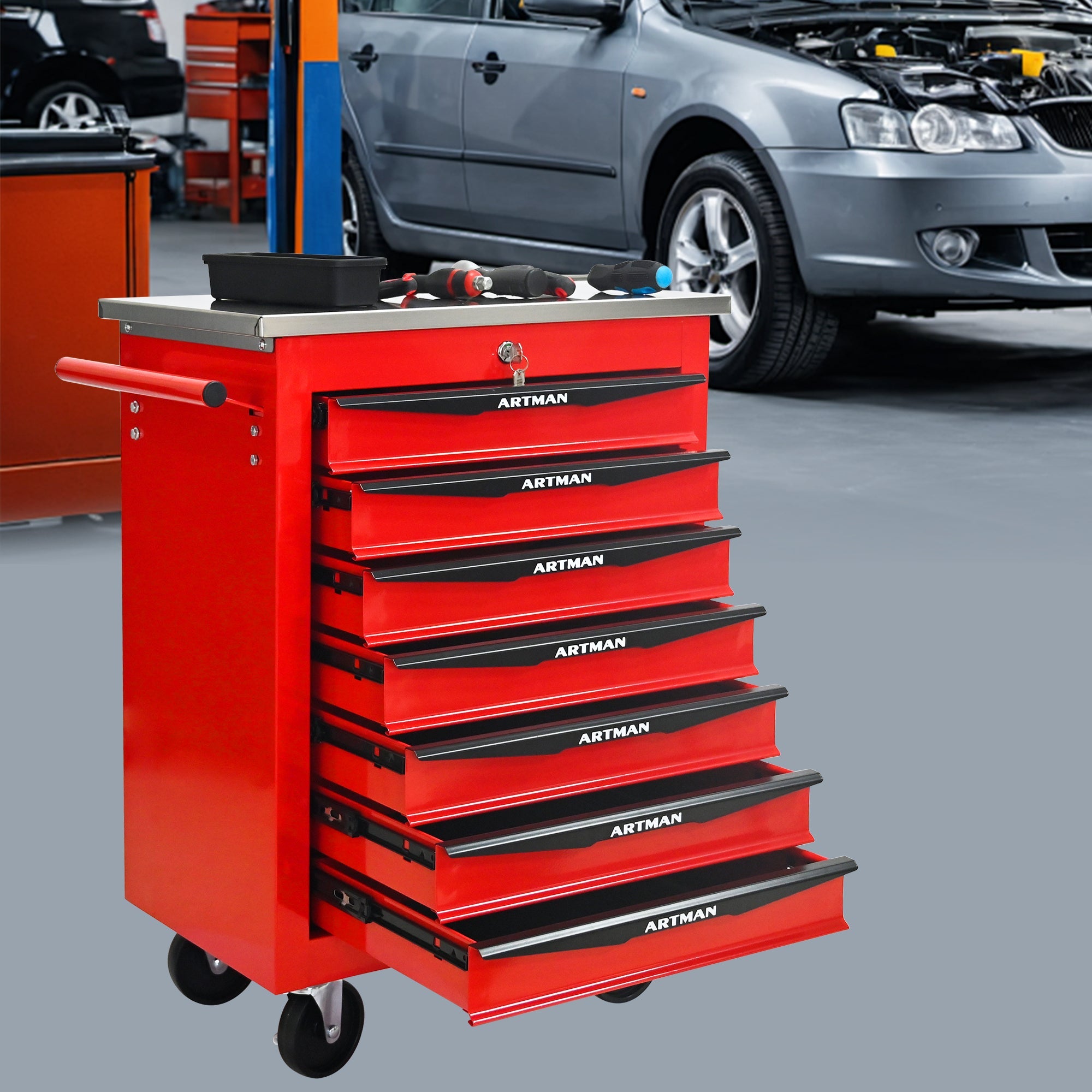 7 Drawers Multifunctional Tool Cart with Wheels,Metal Rolling Tool Cart Storage for Garage Workshop Warehouse Repair Shop--With Stainless Steel Roof- Red&Black