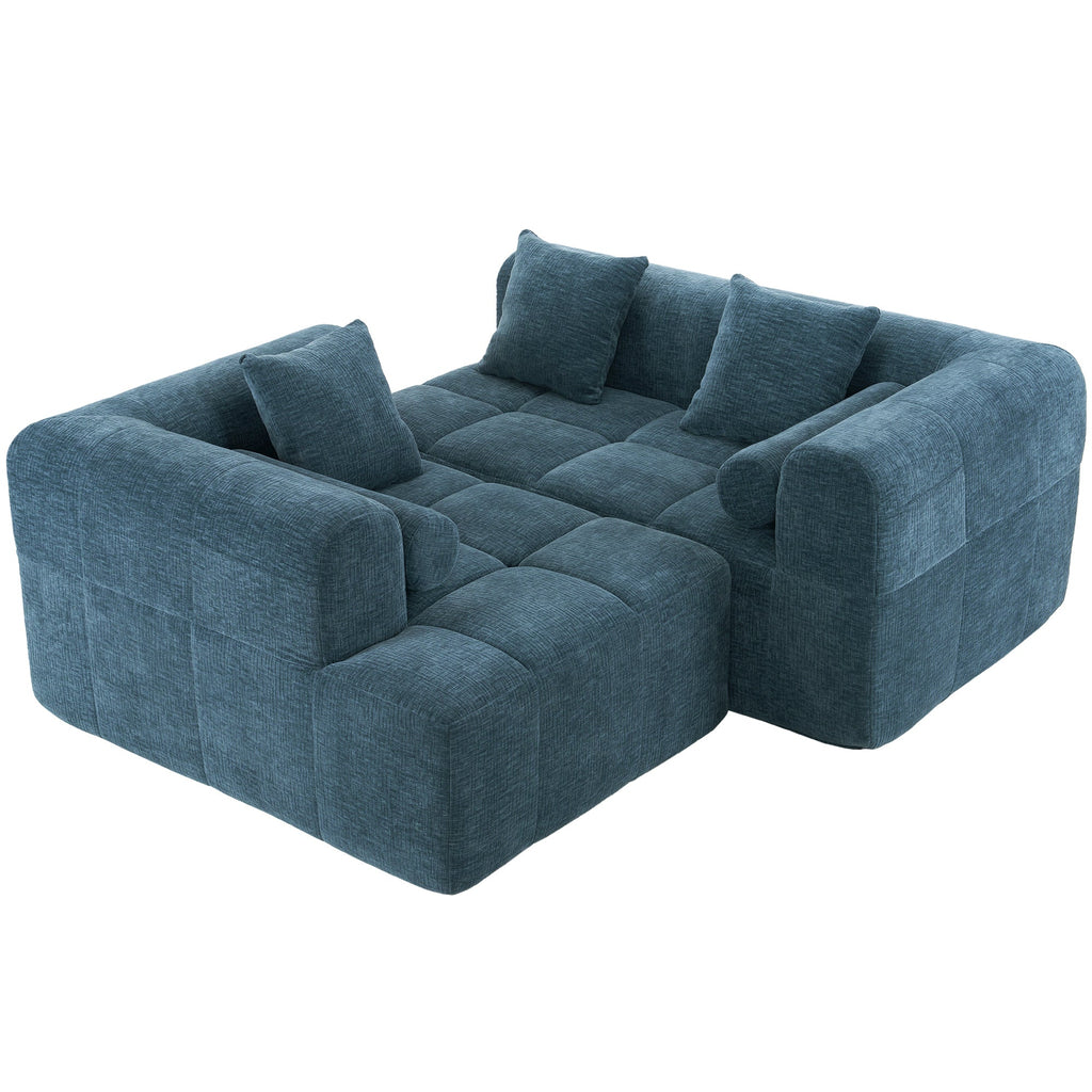 Modern Modular Sofa with Deep Seating, Two Side Pockets, and Plush Pillows in Blue Chenille Fabric, 101.2'