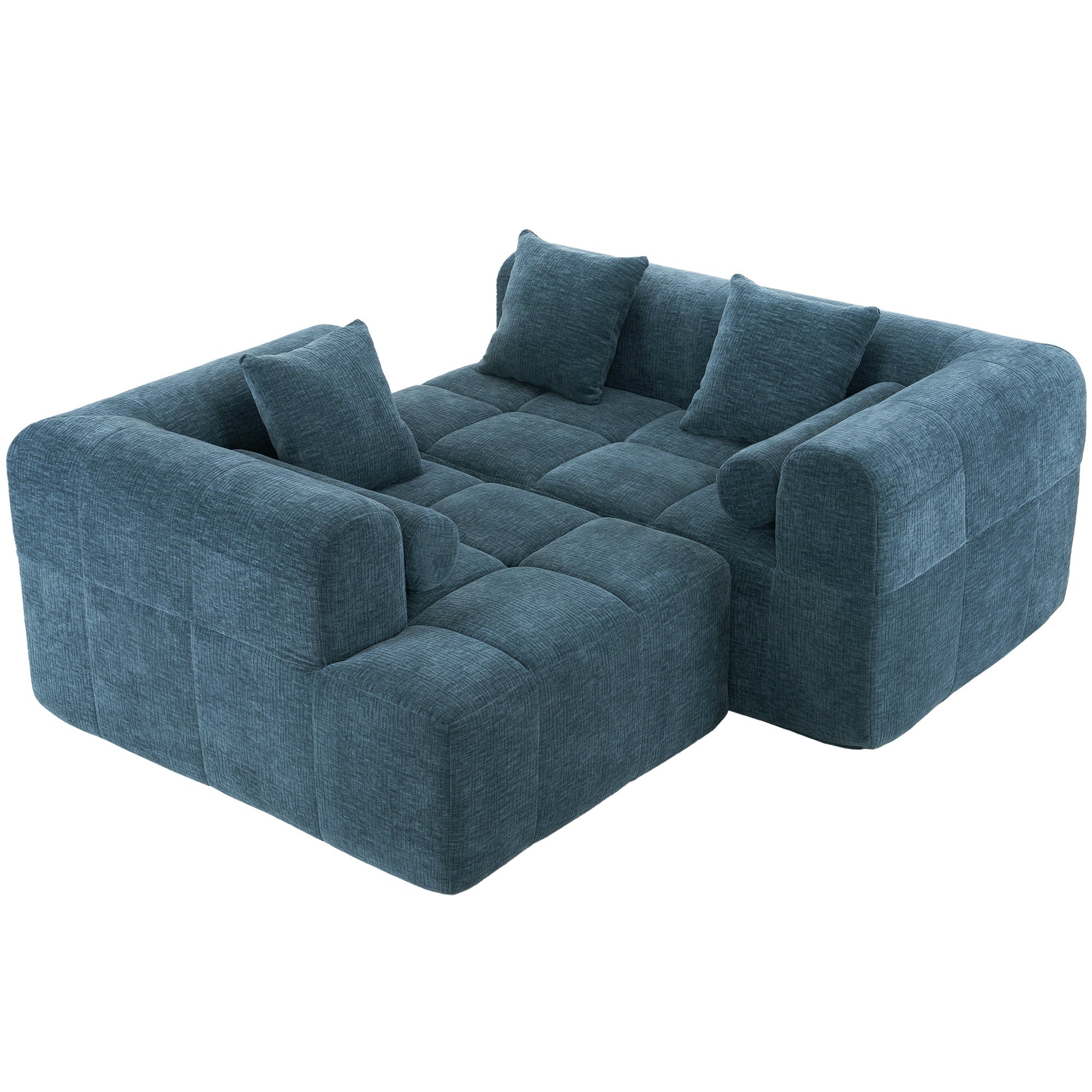 Modern Modular Sofa with Deep Seating, Two Side Pockets, and Plush Pillows in Blue Chenille Fabric, 101.2'