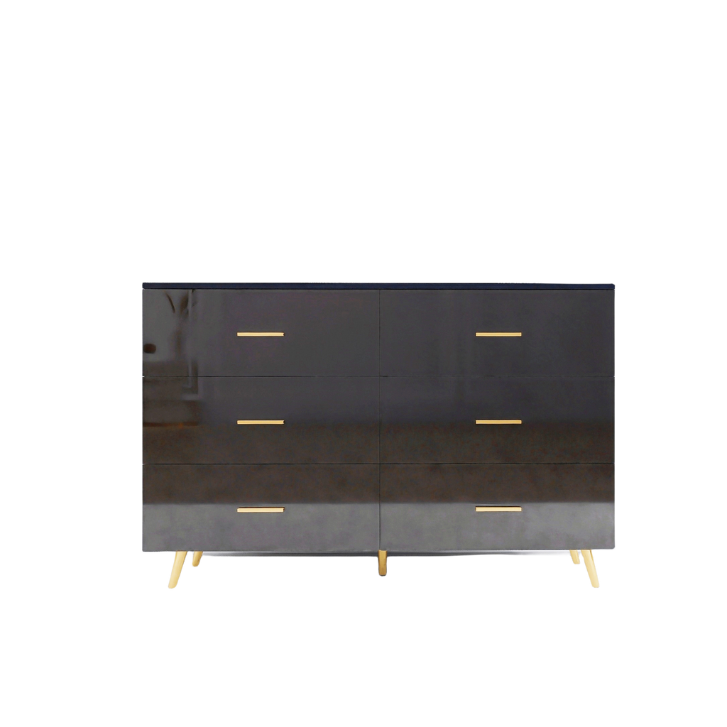 High Glossy Surface 6 Drawers Chest of Drawer with Golden Handle and Golden Steel Legs Black Color Vanity