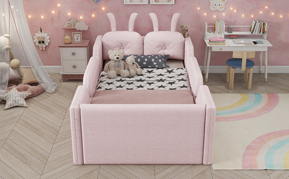 Twin Size Upholstered Platform Bed with Rabbit Cushion, Kids Floor Upholstered Bed with Removable Side Rails, Pink(Expect Arrival Date 2025/1/15)