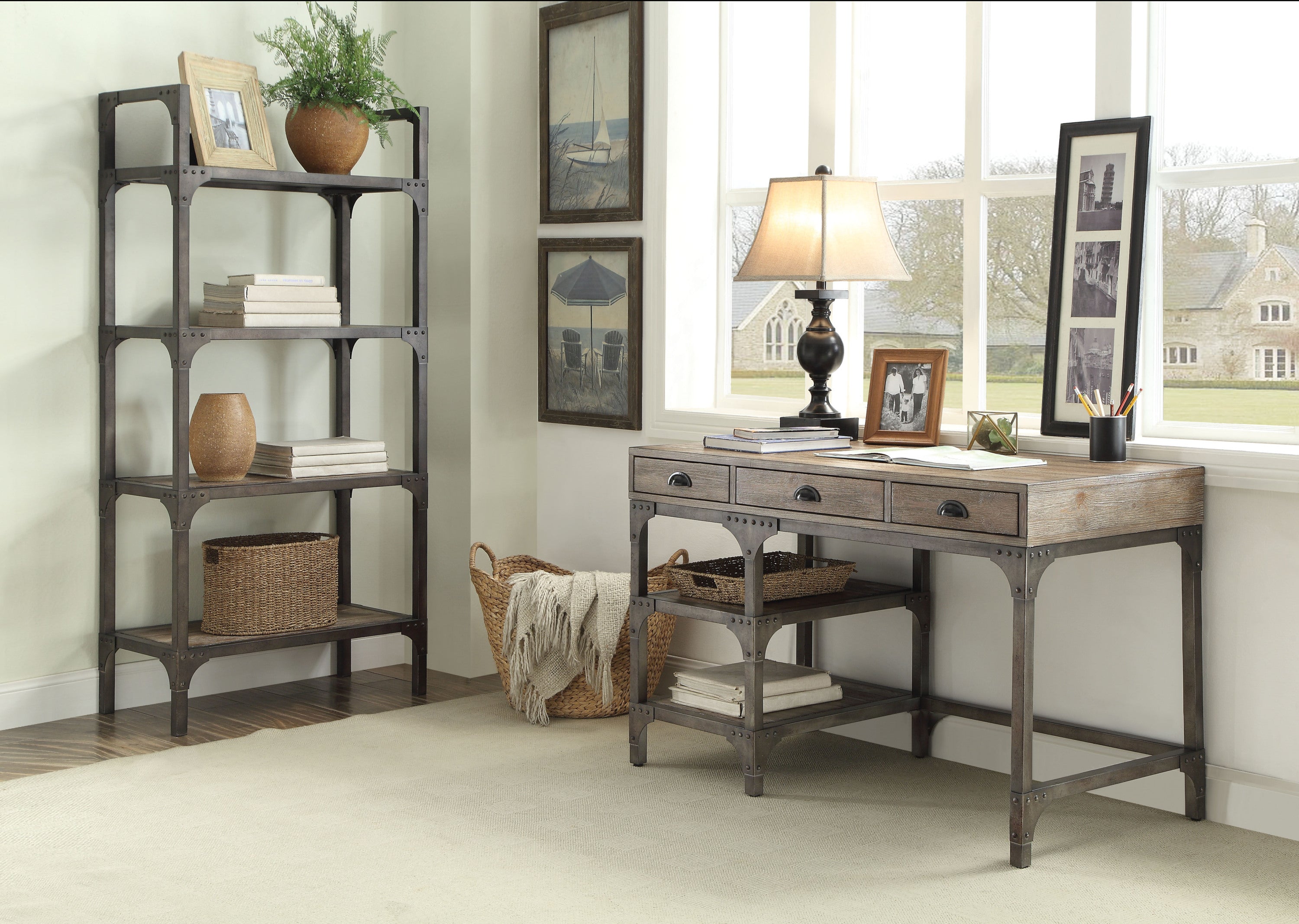 Weathered Oak and Antique Silver 3-Drawer Writing Desk
