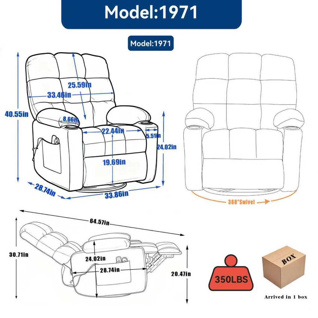 Heat Massage Manual Recliner Chair with Rocker and Swivel in Fabric for Living Room, Blue