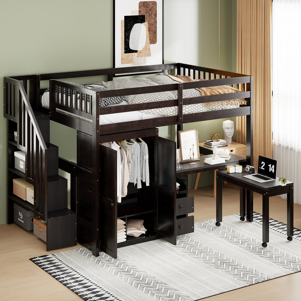 Full Size Loft Bed with Stairs, Bookshelf, Drawers, Desk & Wardrobe – Space-Saving Multifunctional Furniture for Kids & Teens-Espresso
