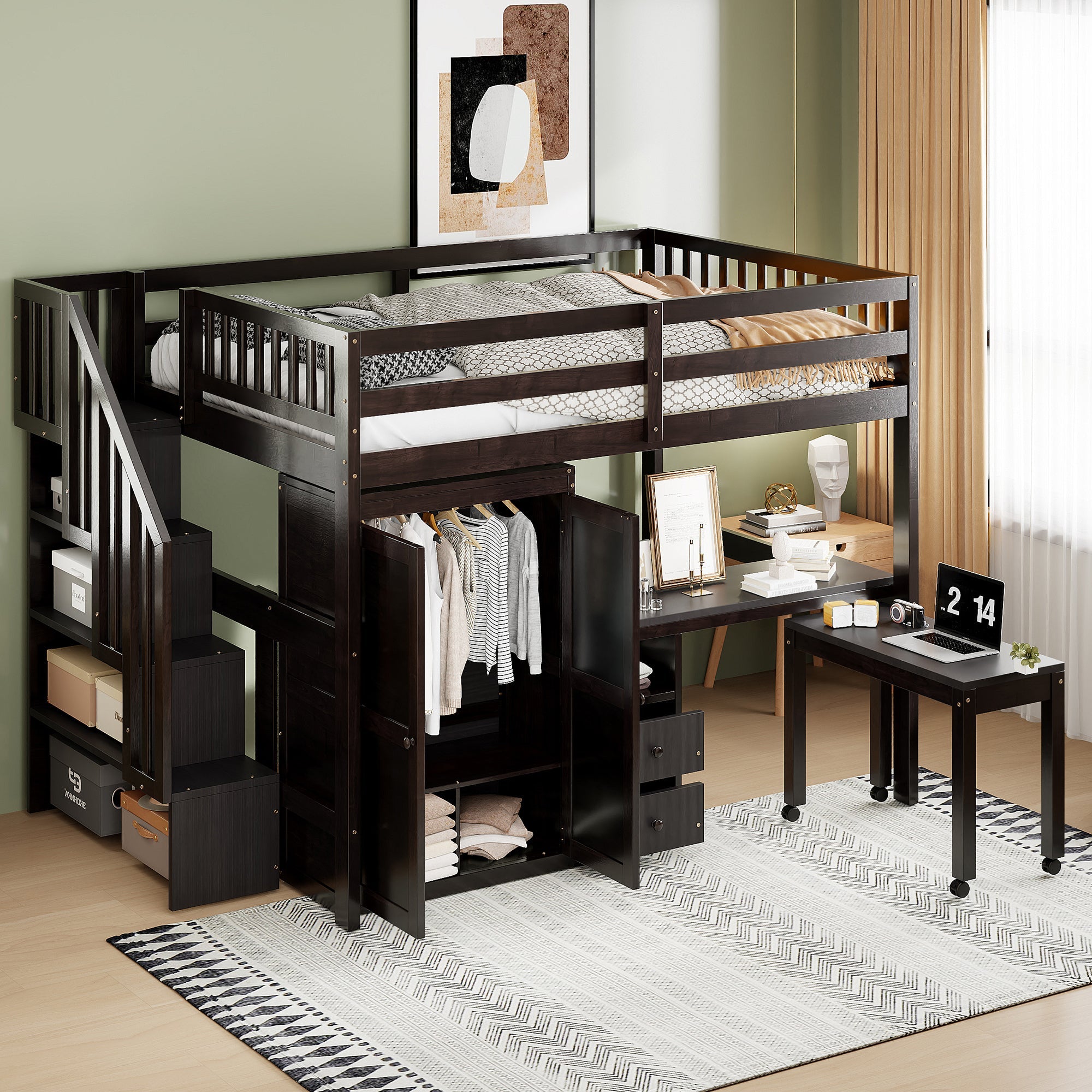 Full Size Loft Bed with Stairs, Bookshelf, Drawers, Desk & Wardrobe – Space-Saving Multifunctional Furniture for Kids & Teens-Espresso