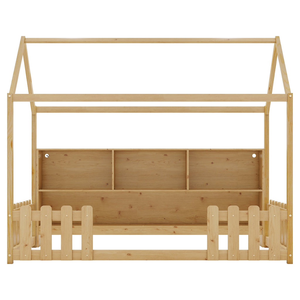 Twin Size House Bed with LED Light, Wood House Bed with Storage Bookshelf, Floor House Bed with Guardrails for Kids, Natural (Expect Arrival Date 2025/3/14)