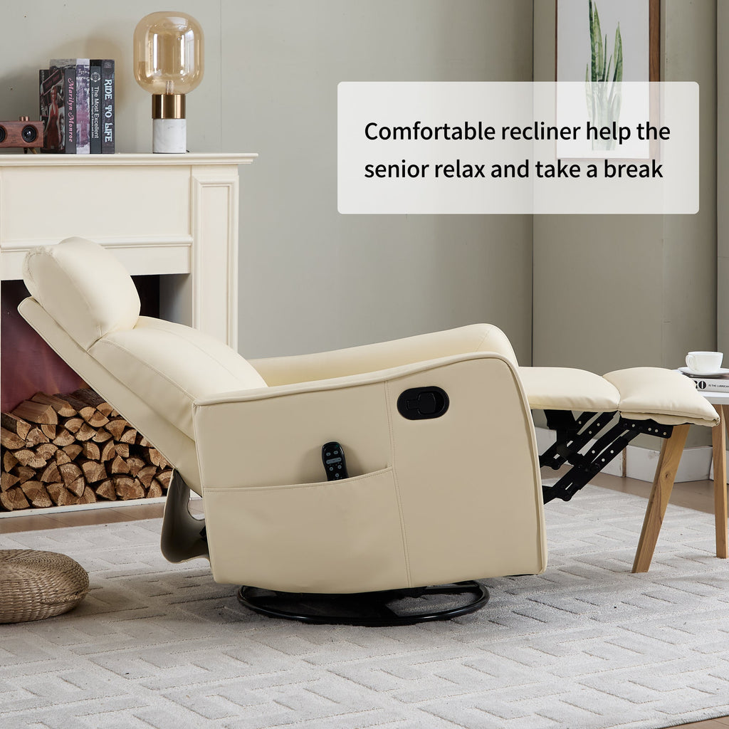 Beige Heat Massage Manual Recliner Chair with Rocker and Swivel in Faux Leather for Living Room