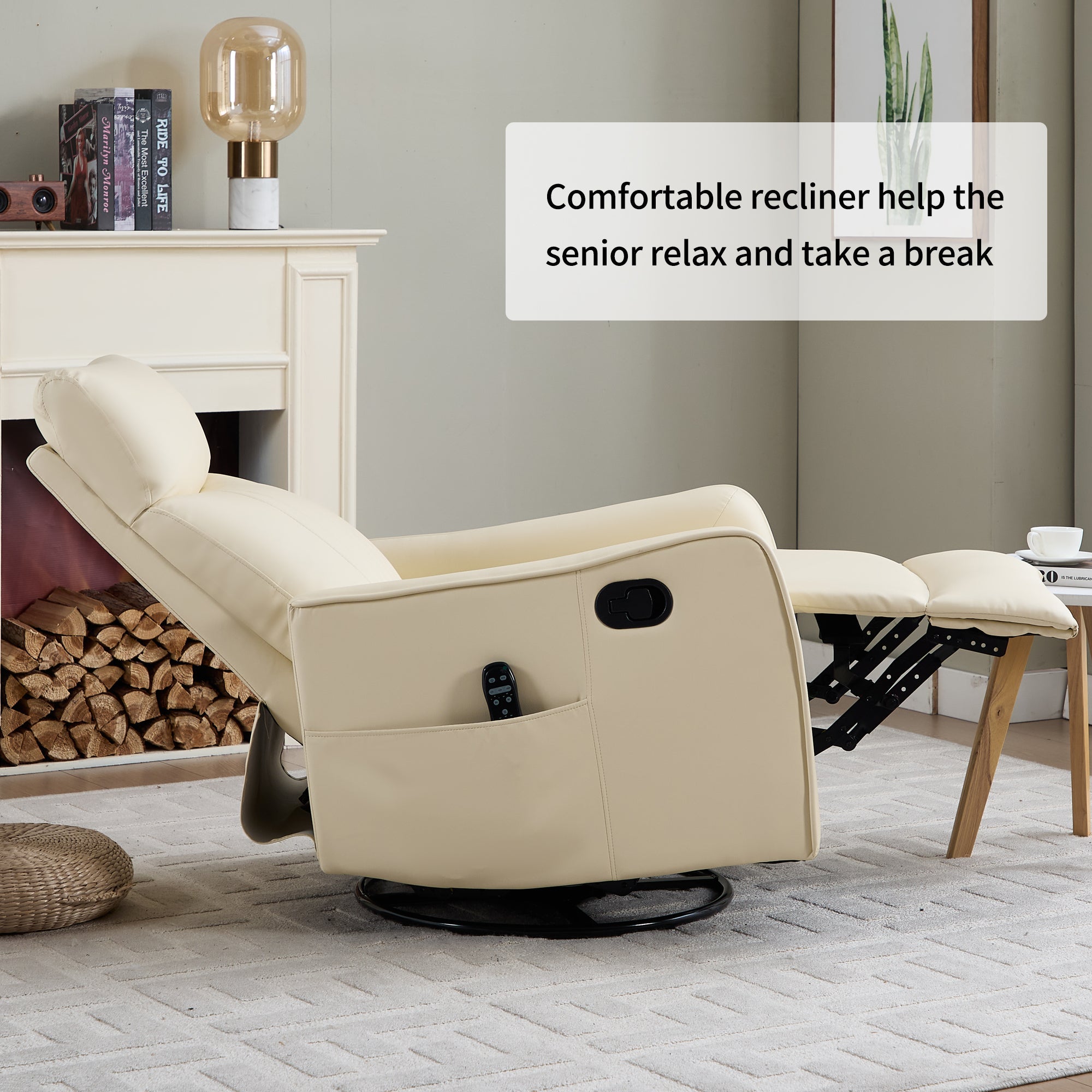 Beige Heat Massage Manual Recliner Chair with Rocker and Swivel in Faux Leather for Living Room