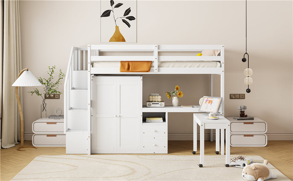Twin Size Loft Bed with Stairs, Bookshelf, Drawers, Desk & Wardrobe – Space-Saving Multifunctional Furniture for Kids & Teens-White