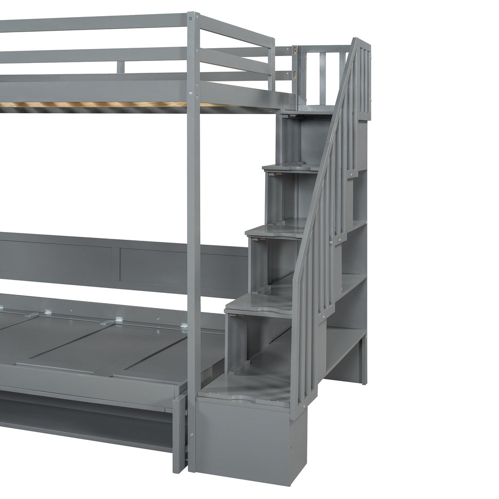 Full Over Full Size Murphy Bed with Hydraulic Lift & Desk Design, Gray
