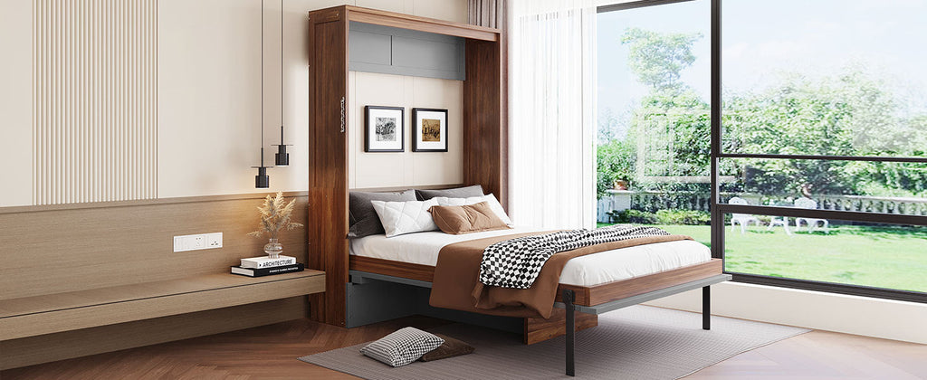 Full Size Murphy Bed with Foldable Desk – Space Saving Wall Bed - Walnut & Gray
