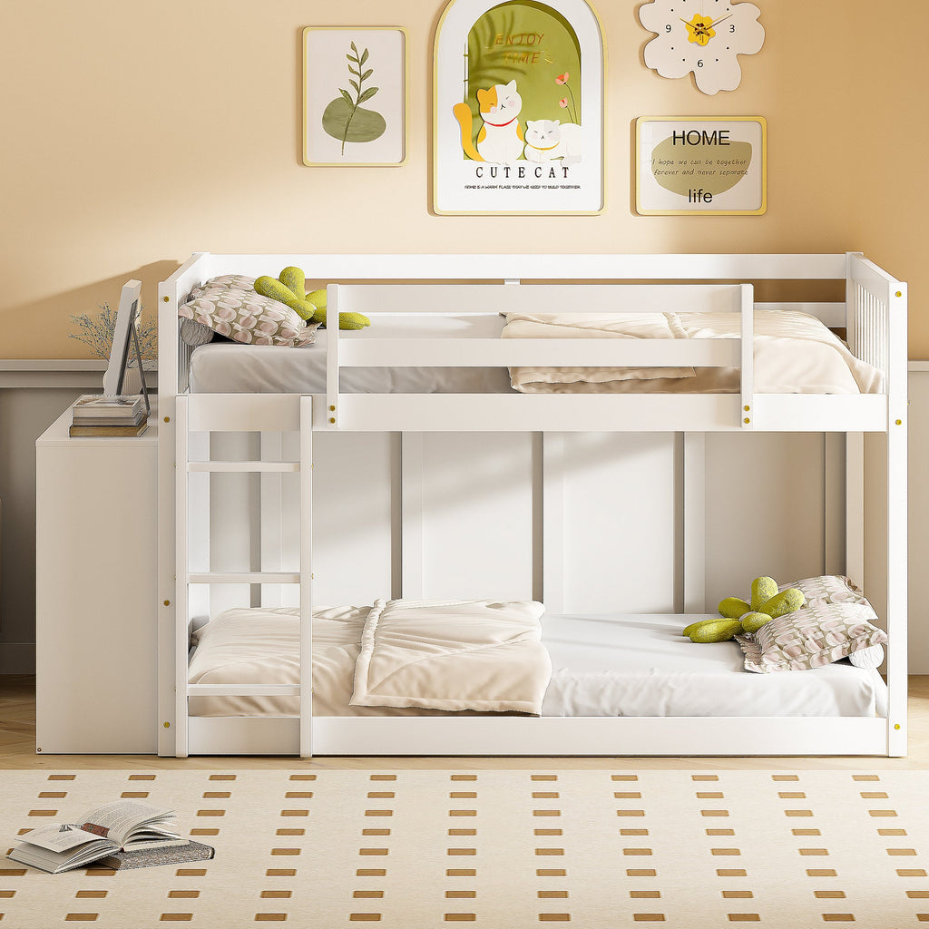 Elegant White Full Over Full Bunk Bed with Storage and Shelves - Solid Wood and Durable Design