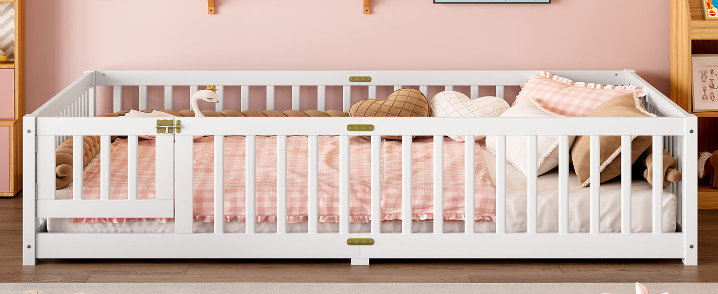 Queen Size Bed Floor Bed with Safety Guardrails and Door for Kids, White(Old SKU:  W1580P154628 )