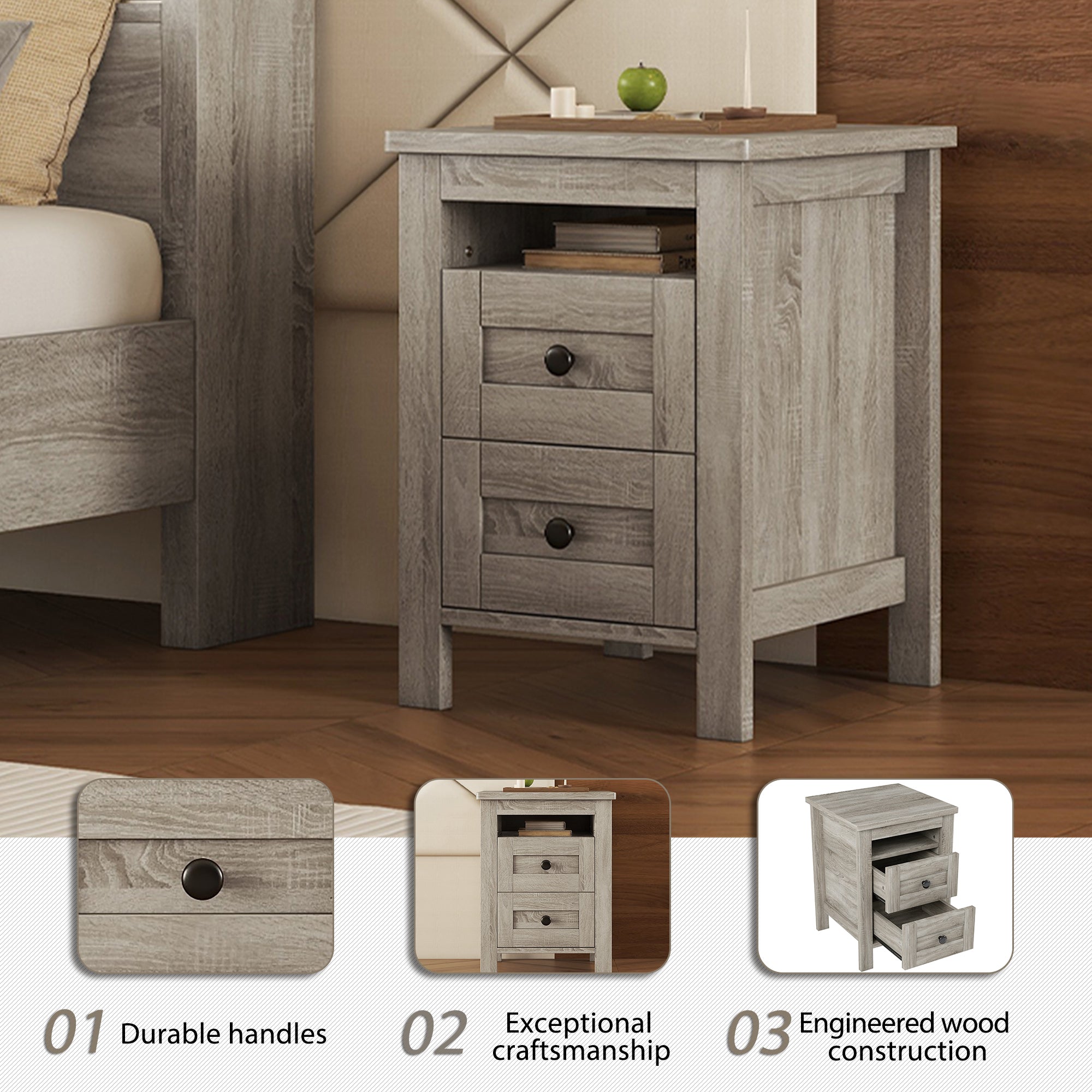 3-Pieces Bedroom Sets Queen Size Farmhouse Platform Bed with Double Sliding Door Storage Headboard and Charging Station, Storage Nightstand and Dresser, Antique Gray(Old SKU HL000092AAG)