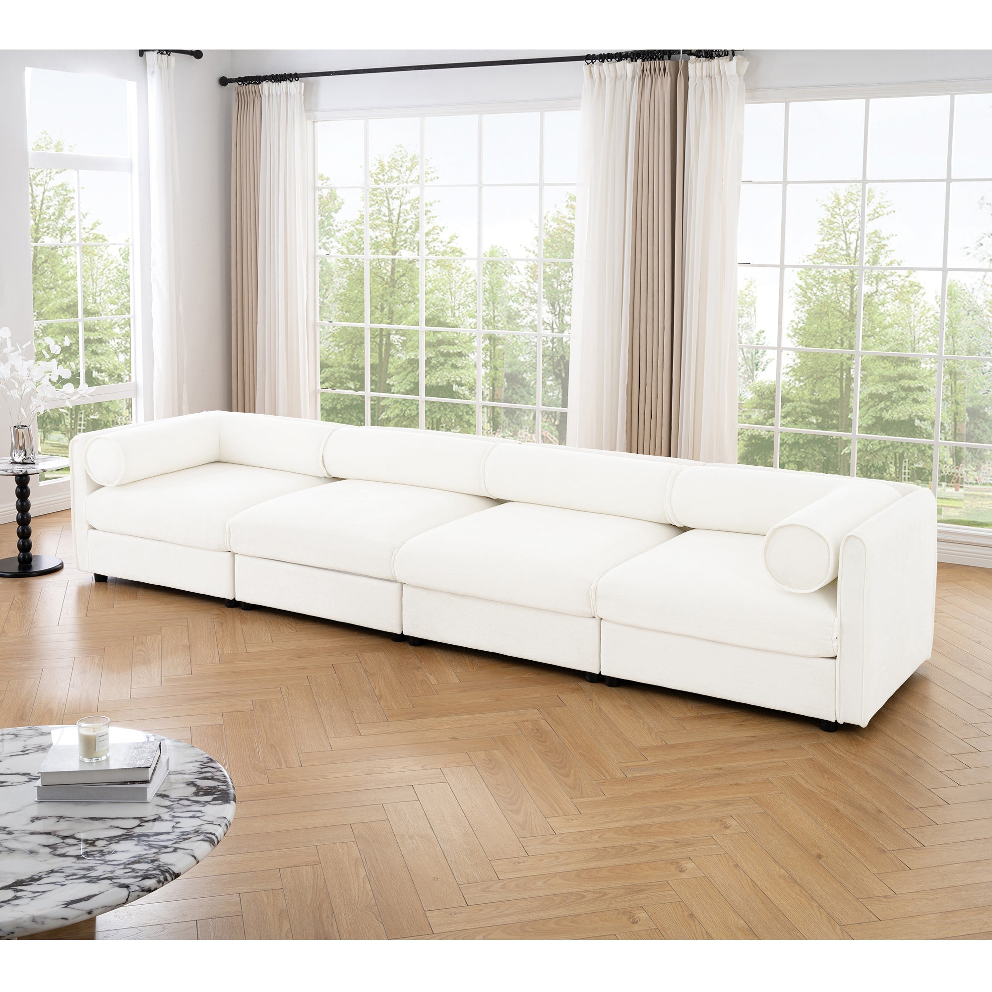 Modular Sectional Sofa with Storage, Cylindrical Backrest and Armrests Deep Comfortable Seating,Durable and Supportive for Living Room,4 Seat L- Shaped Sofa, White