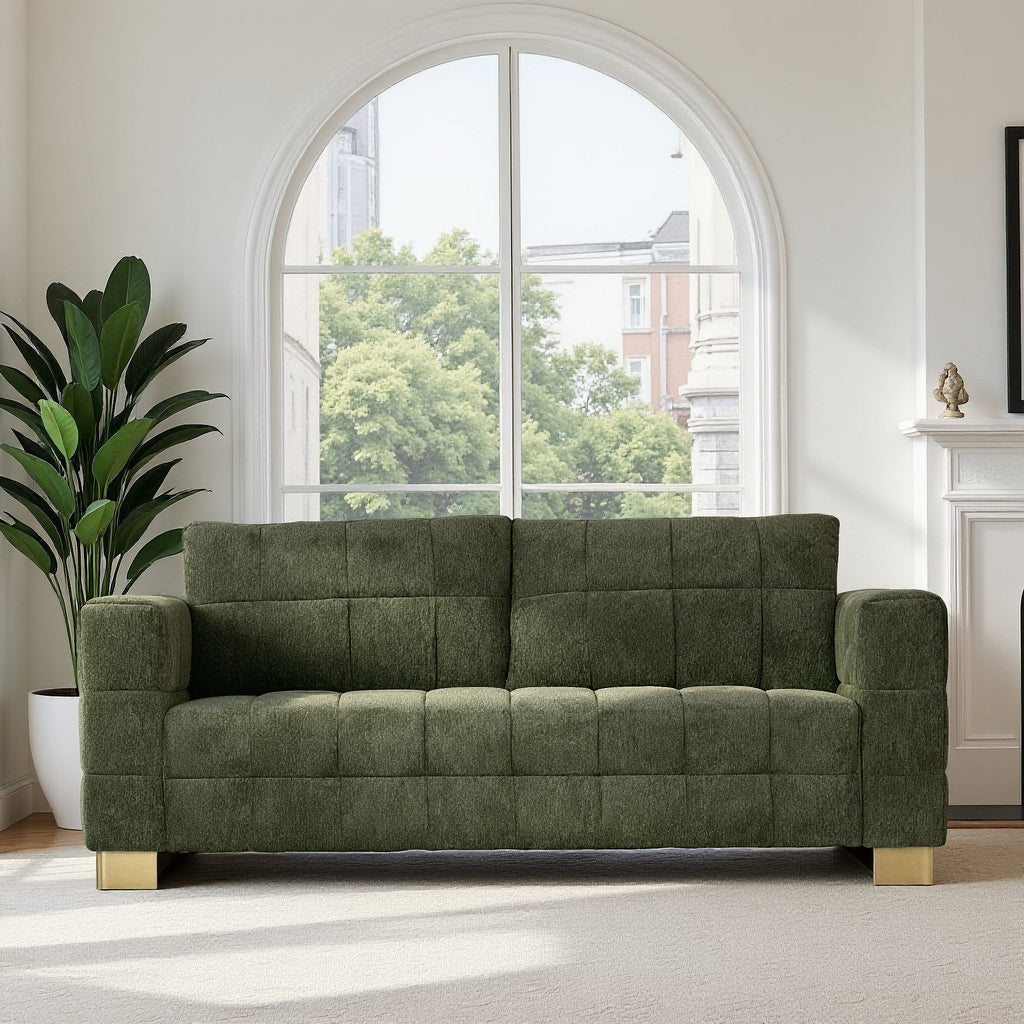 FX-P54-RG SOFA  Modern Green Chenille Sofa Couch, 3-Seater with Square-Tufted Design & Custom Stainless-Steel Legs Comfortable Living Room Couch for Apartment & Small Spaces
