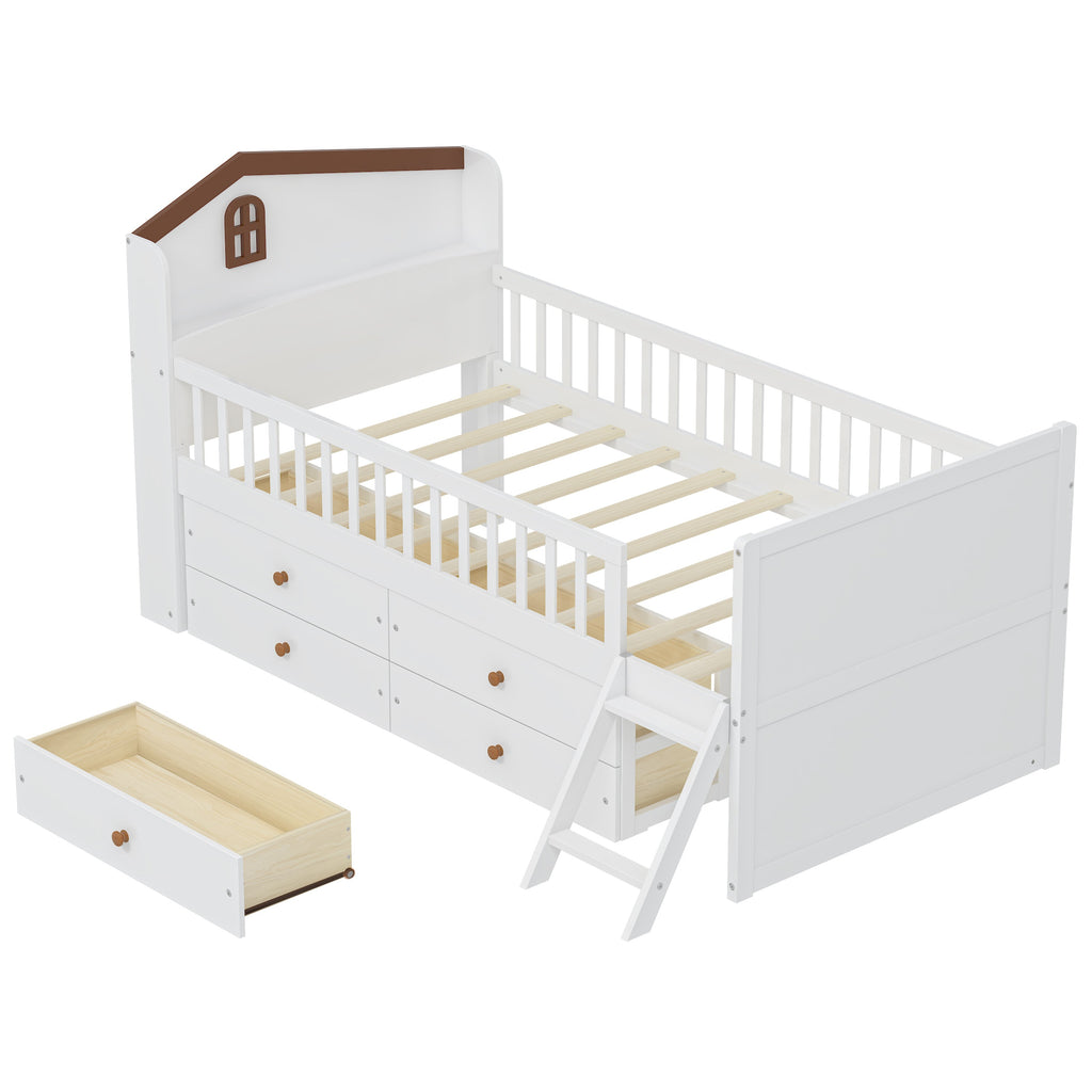 Twin Bed Frame with Storage 4 Drawers,Wooden Bed Frame for Kids,Platform Twin Size Bed with Guardrail Headboard and Ladder, No Box Spring Needed, Easy Assembly, White