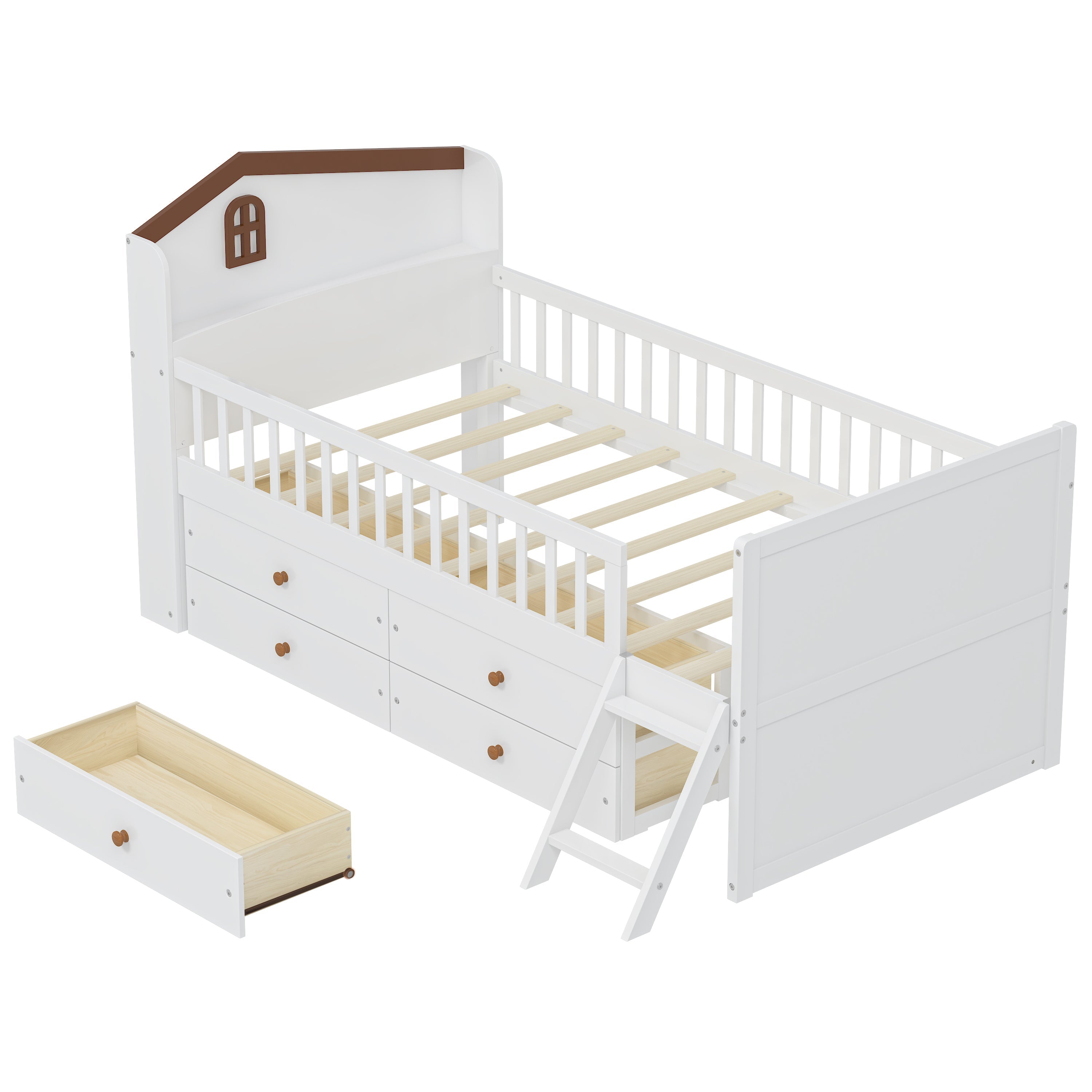 Twin Bed Frame with Storage 4 Drawers,Wooden Bed Frame for Kids,Platform Twin Size Bed with Guardrail Headboard and Ladder, No Box Spring Needed, Easy Assembly, White
