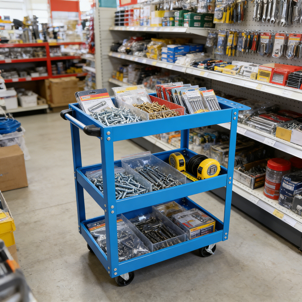 Tool Cart on Wheels, 3 Tier Rolling Mechanic Tool Cart, Heavy Duty Steel Utility Cart w/Lockable Wheels, 450 LBS Capacity Industrial Service Cart for Garage, Warehouse, Workshop (blue)