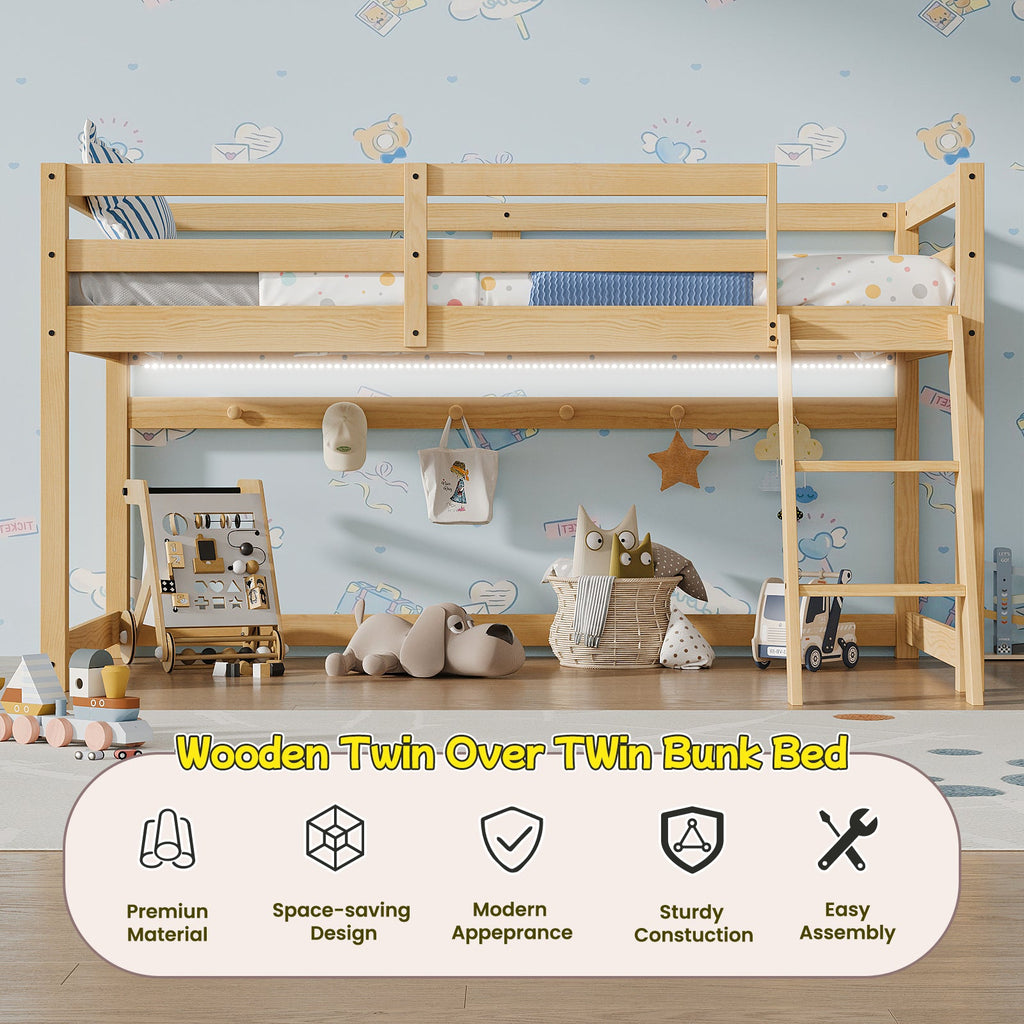 Kids Twin Low Loft Bed - Convertible to Bunk Bed, Solid Wood Modern Bed Frame with LED Strip Lighting, OAK.