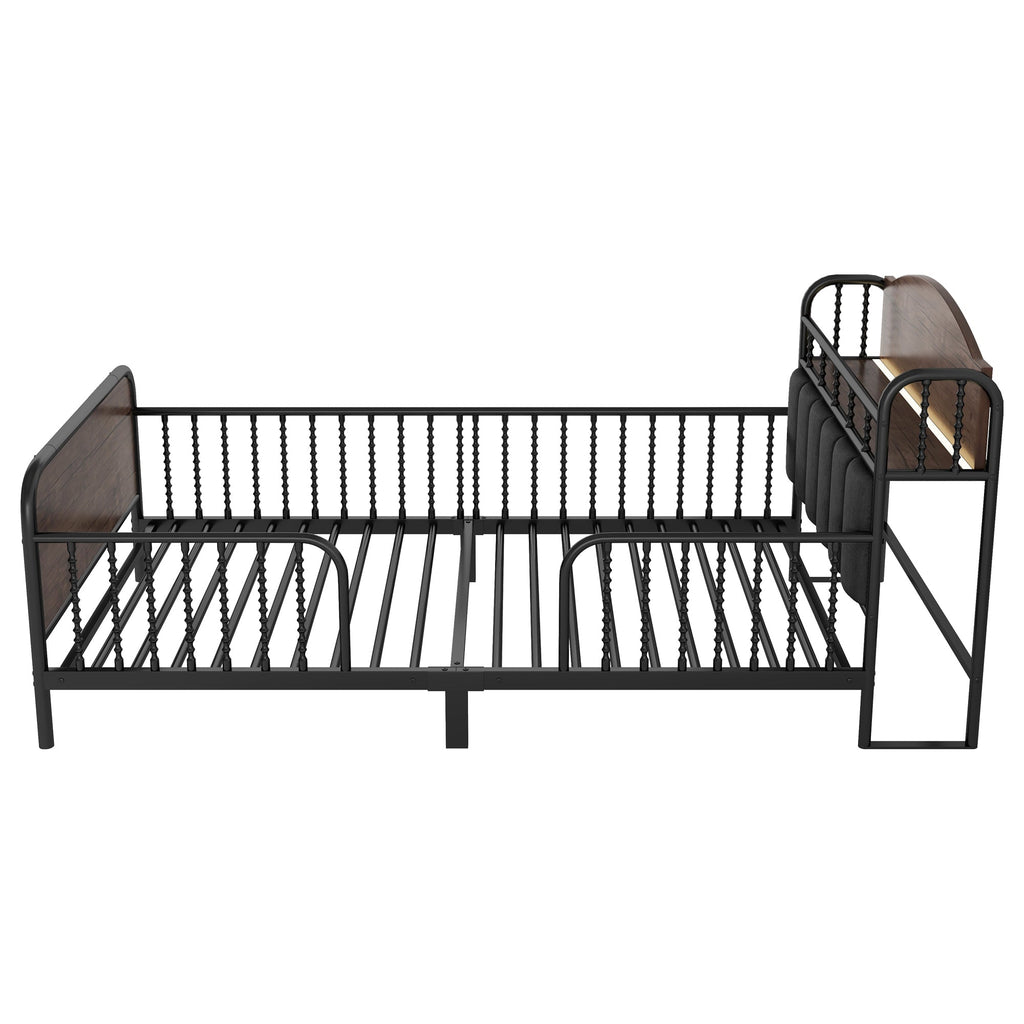 Twin Size Metal Platform Bed Frame with Light, Kids Twin Metal Bed with Upholstered and Storage Headboard, Black (Expect Arrival Date 2025/10/5)