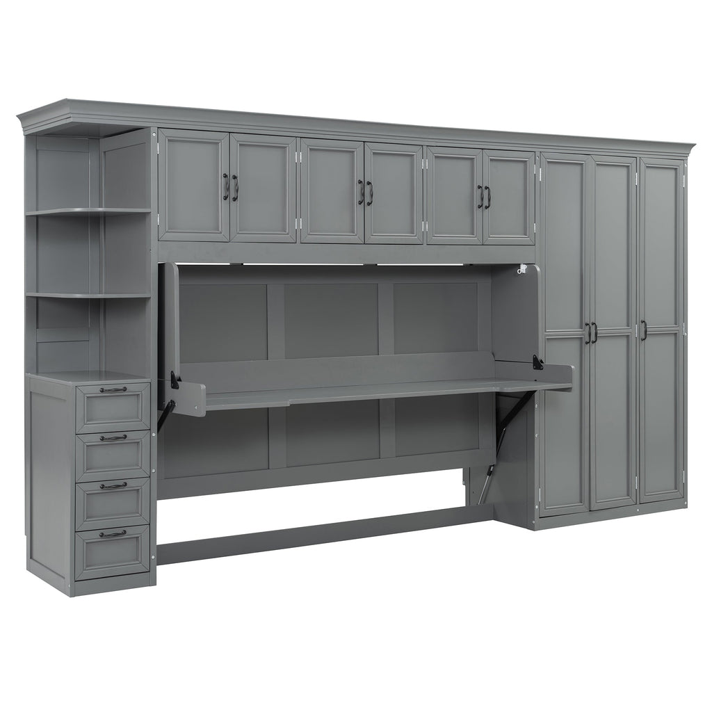 Twin Size Murphy Bed Wall Bed with Wardrobe, Cabinet and Desk, Gray