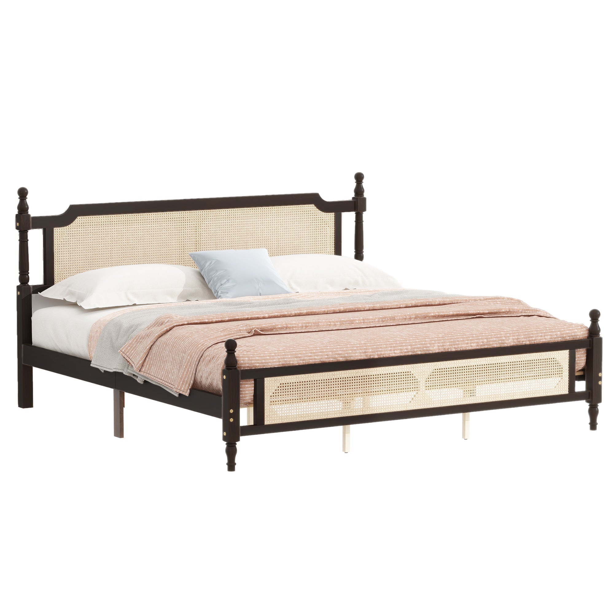 King Pine wooden Bed with Rattan Headboard  and Footboard, with  Central Enhanced Bed Platform ,Espresso