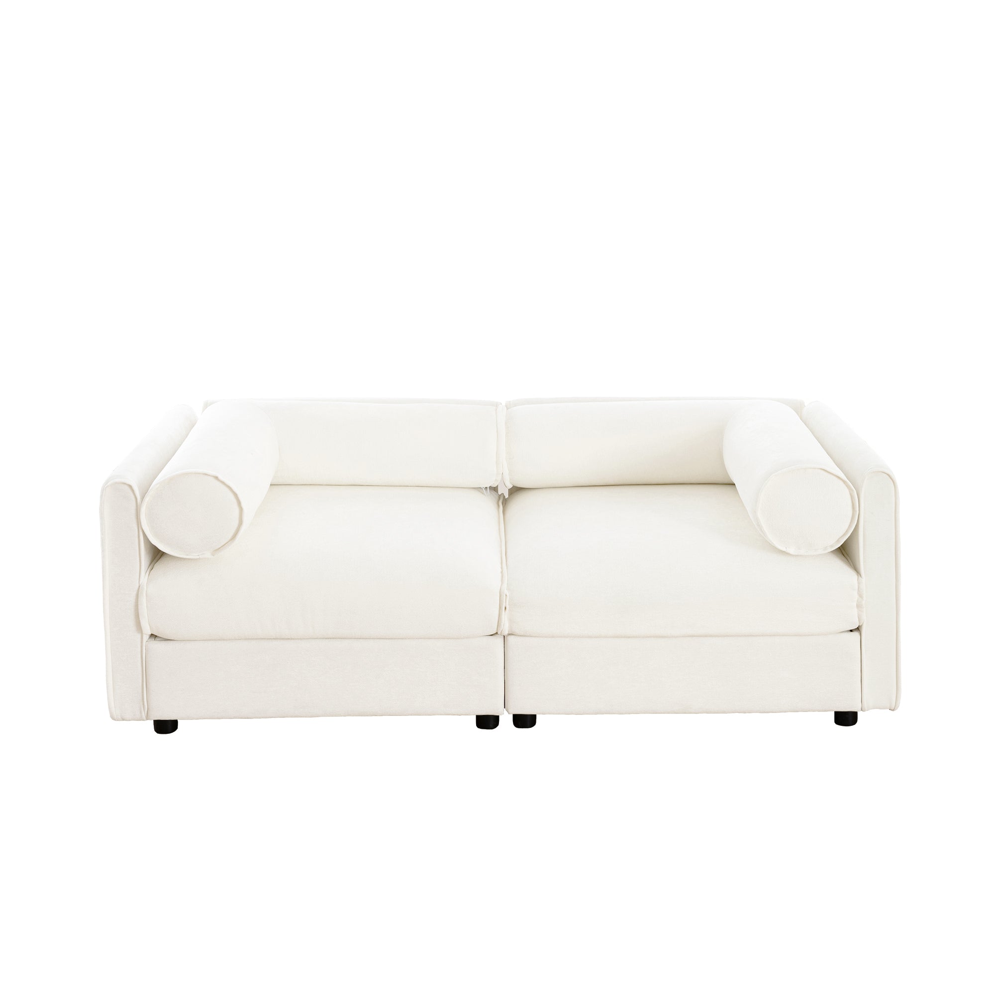 Stylish White Chenille 2-Seater Sofa with Storage Seat, Cylindrical Backrest and Armrests, Modern Fabric Loveseat Featuring Hidden Storage Space