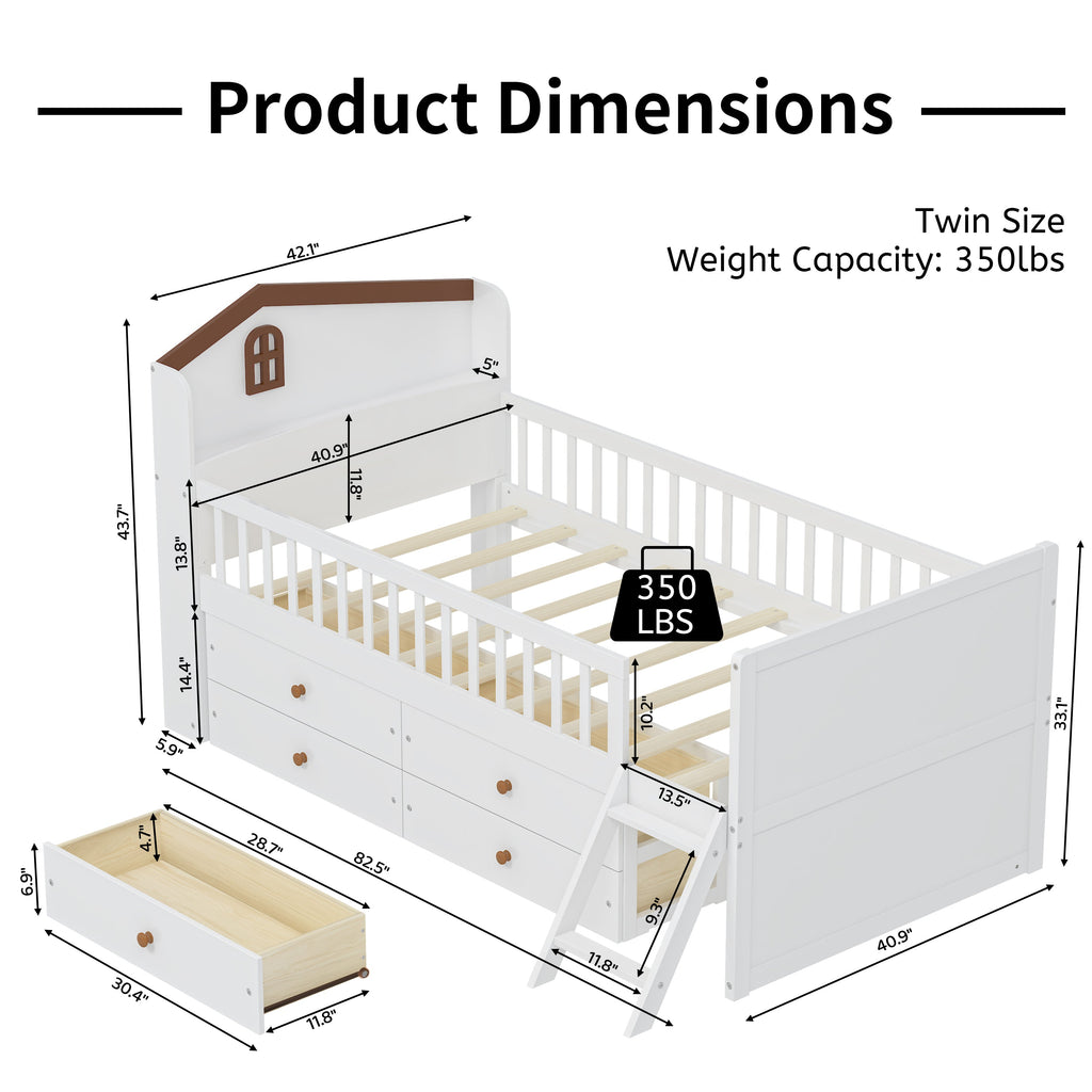 Twin Bed Frame with Storage 4 Drawers,Wooden Bed Frame for Kids,Platform Twin Size Bed with Guardrail Headboard and Ladder, No Box Spring Needed, Easy Assembly, White