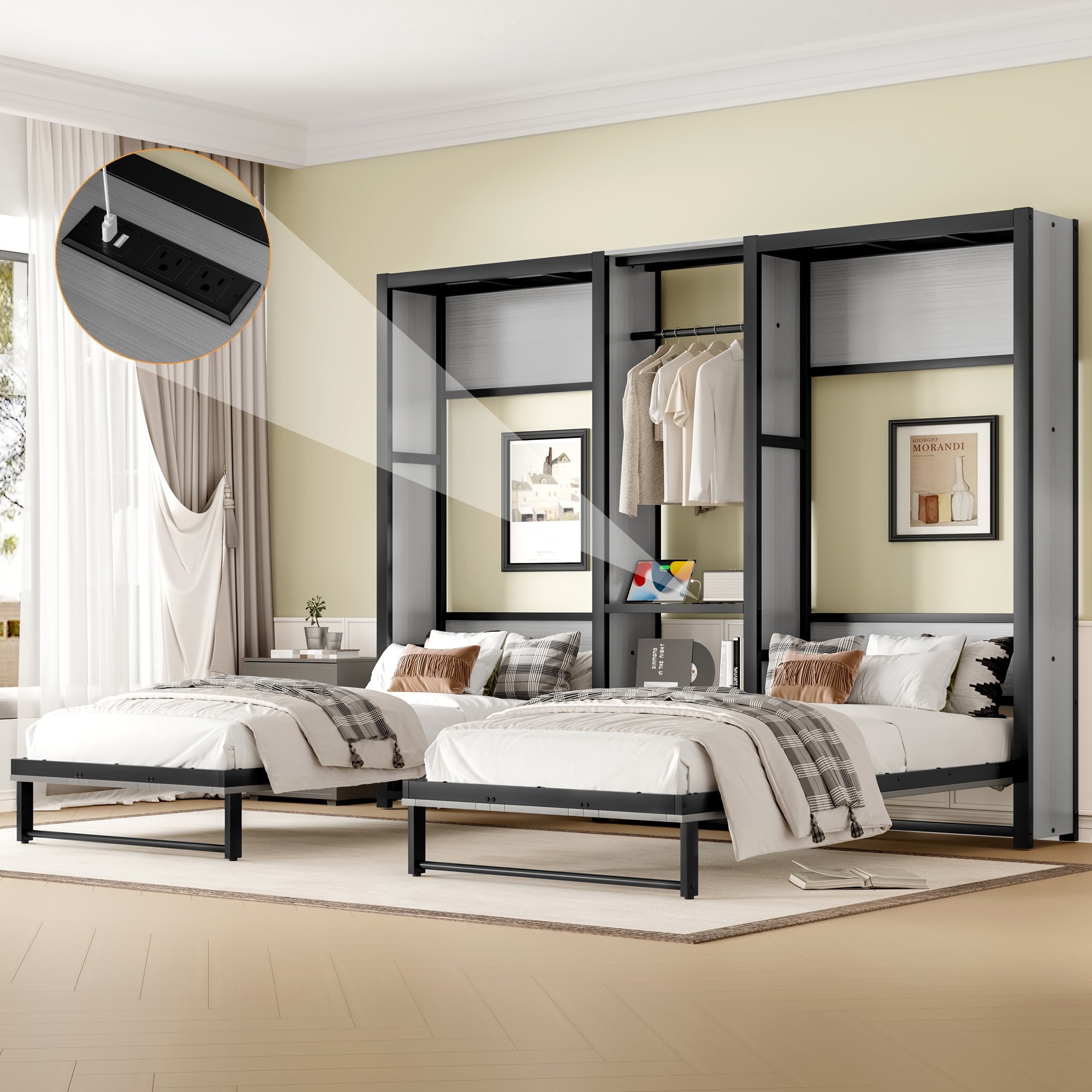 Twin and Twin Murphy Bed, Metal Foldable Murphy Bed with Wardrobe, Shelves and Power Outlets, 2 in 1 Design, Space-saving, Gray
