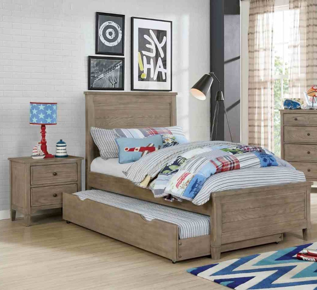 Transitional Twin Size Bed w Trundle 2x Nightstands Warm Gray Bedroom Furniture Wood Grain Texture 3pc Set