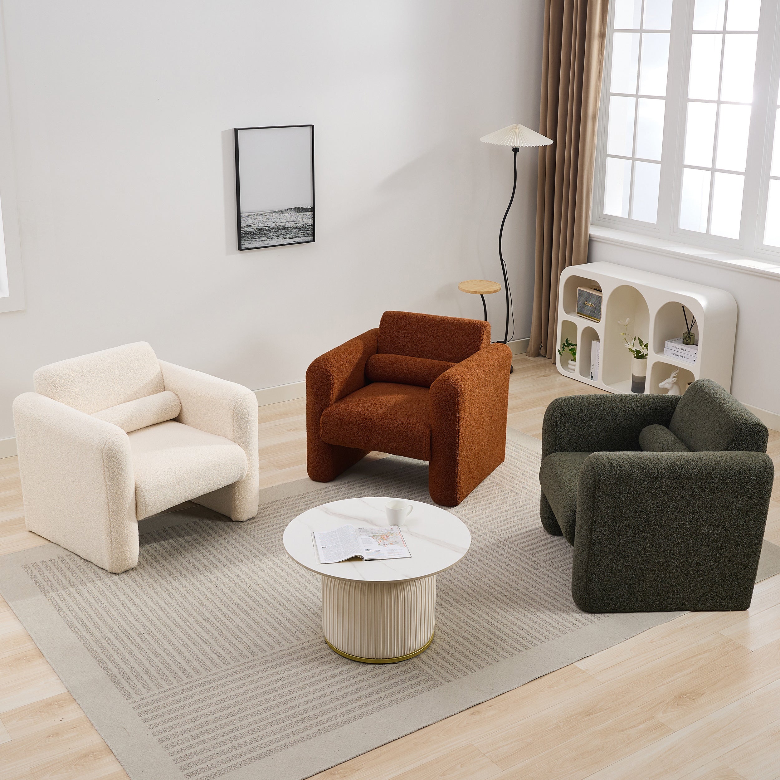 Modern Accent Chair Lambskin Sherpa Fabric Upholstered Comfy Reading Arm Chair Seaweed Green