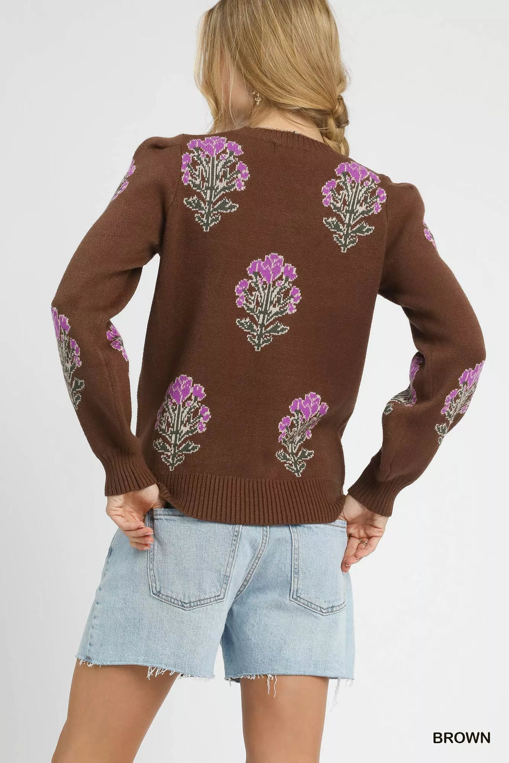 Umgee Single Flower Stem Jacquard Sweater