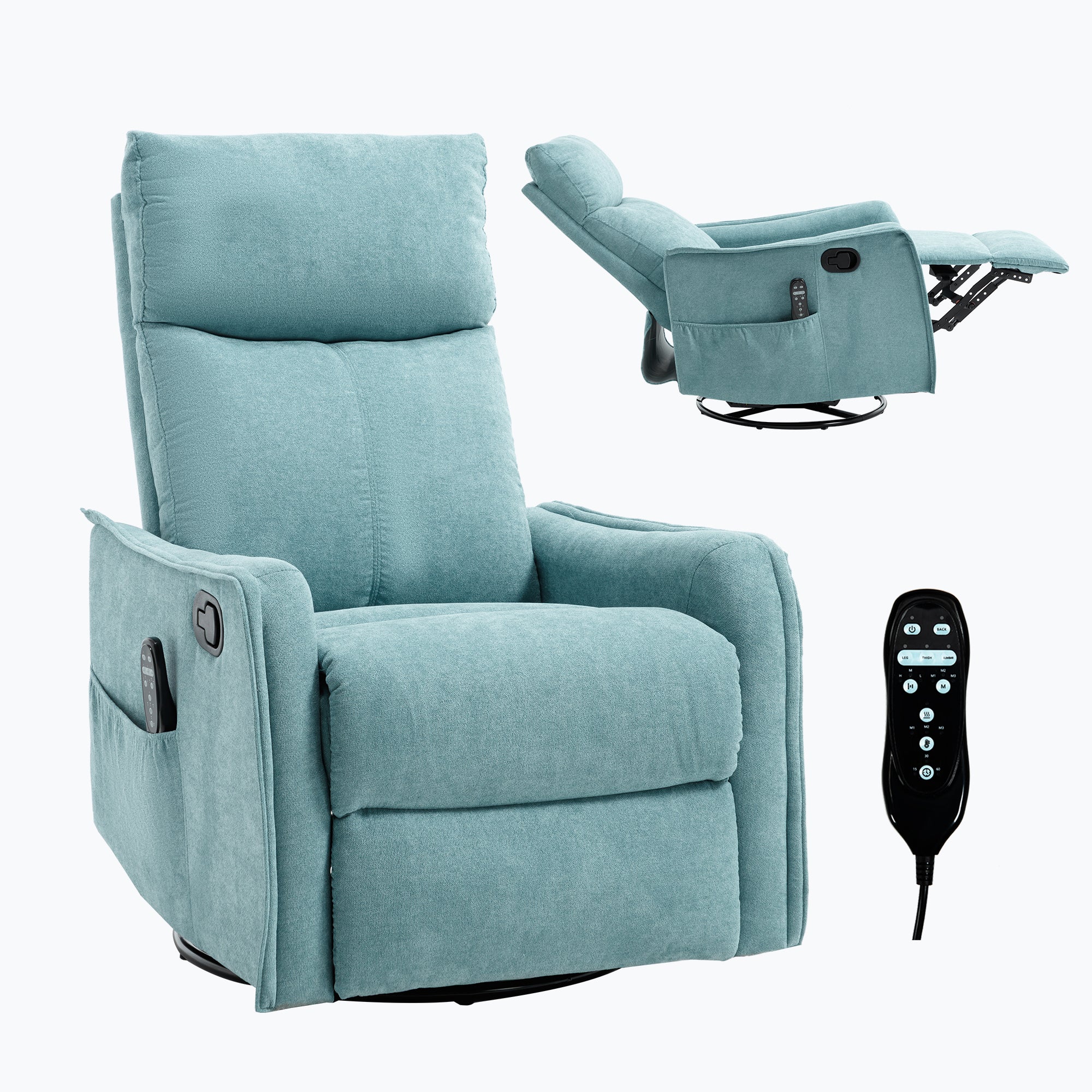 Heat Massage Manual Recliner Chair with Rocker and Swivel in Fabric for Living Room, Blue-Green