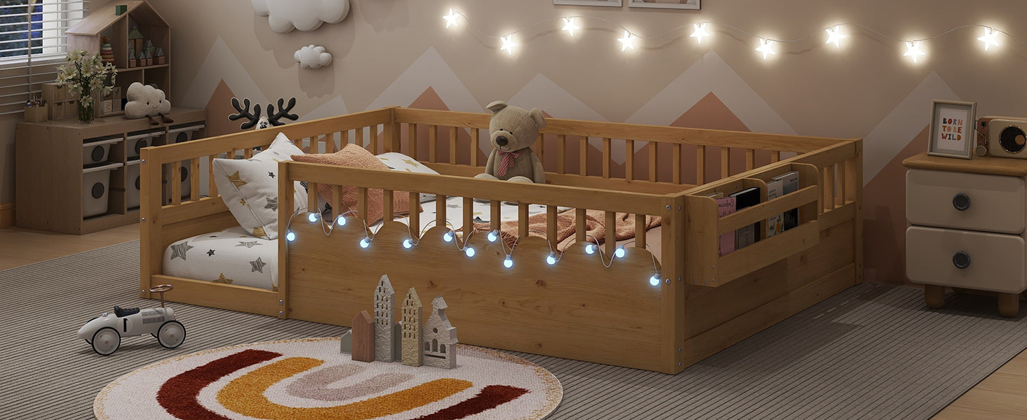 Full Montessori Floor Bed Frame with High Rails, Wood Kids Floor Beds with Light and Storage Shelf, Natural (Expect Arrival Date 2025/8/15)