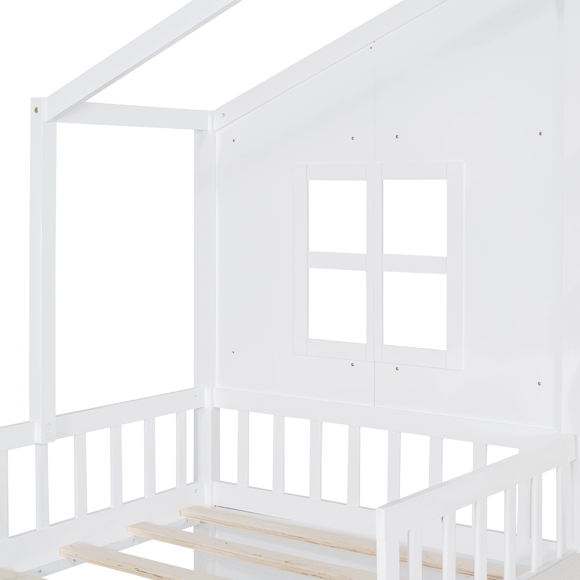 Twin Size House Bed with Sofa, Kids Platform Bed with Two Drawers and Storage Shelf, White (Old SKU:HL000065AAK)