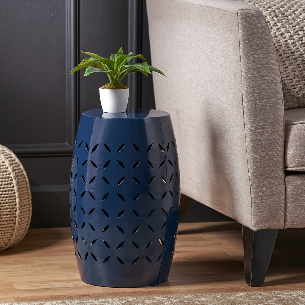 12' Outdoor Lace-Cut Side Table, Navy Blue