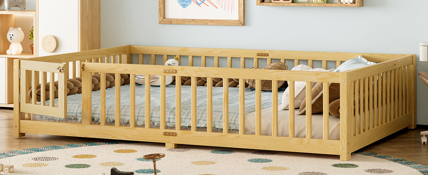 Queen Size Bed Floor Bed with Safety Guardrails and Door for Kids, Natural( Old SKU:W1580P154630)