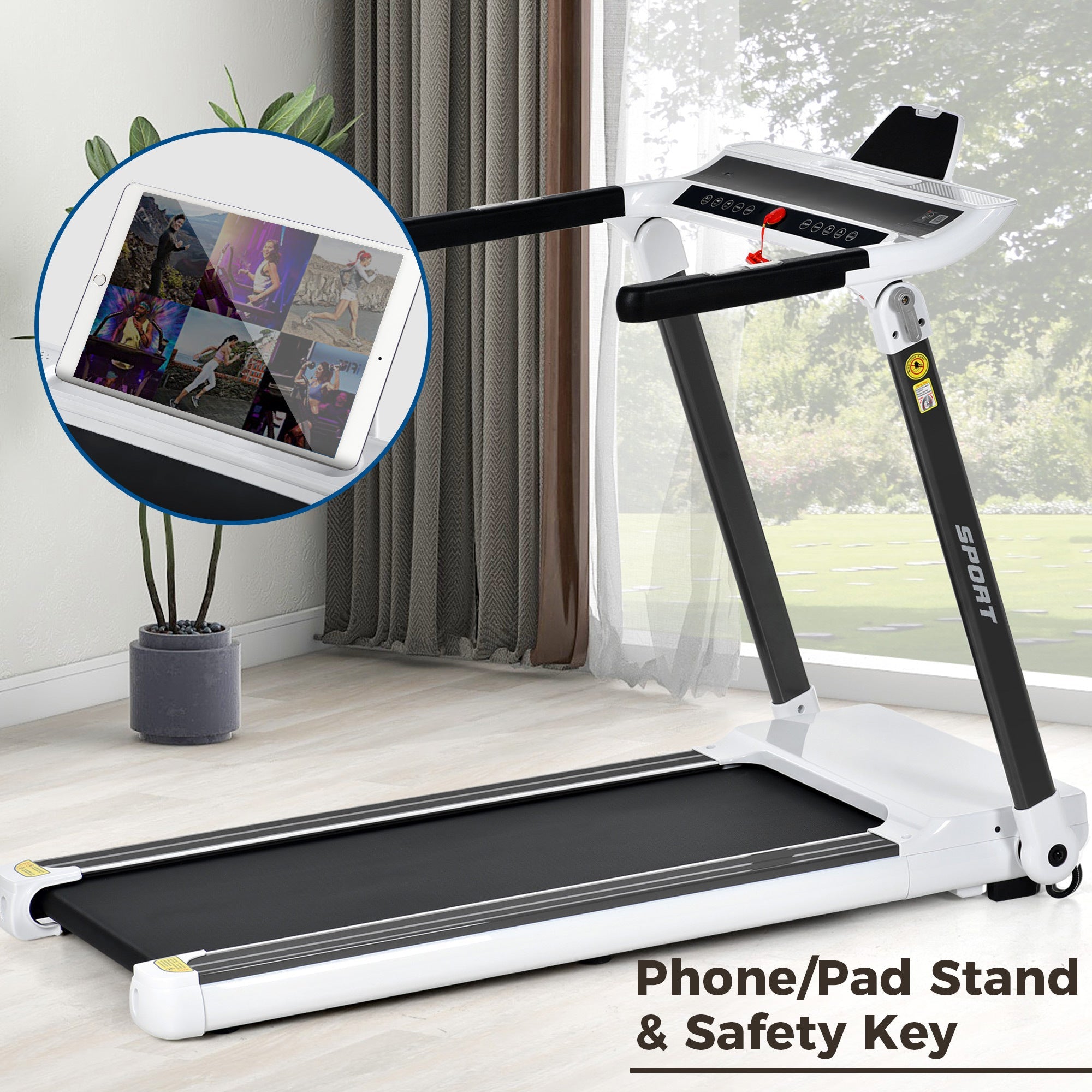 FITIME Portable Compact Treadmill with Electric Motorized 3.5HP, Bluetooth Speaker, White Metal, Medium Size