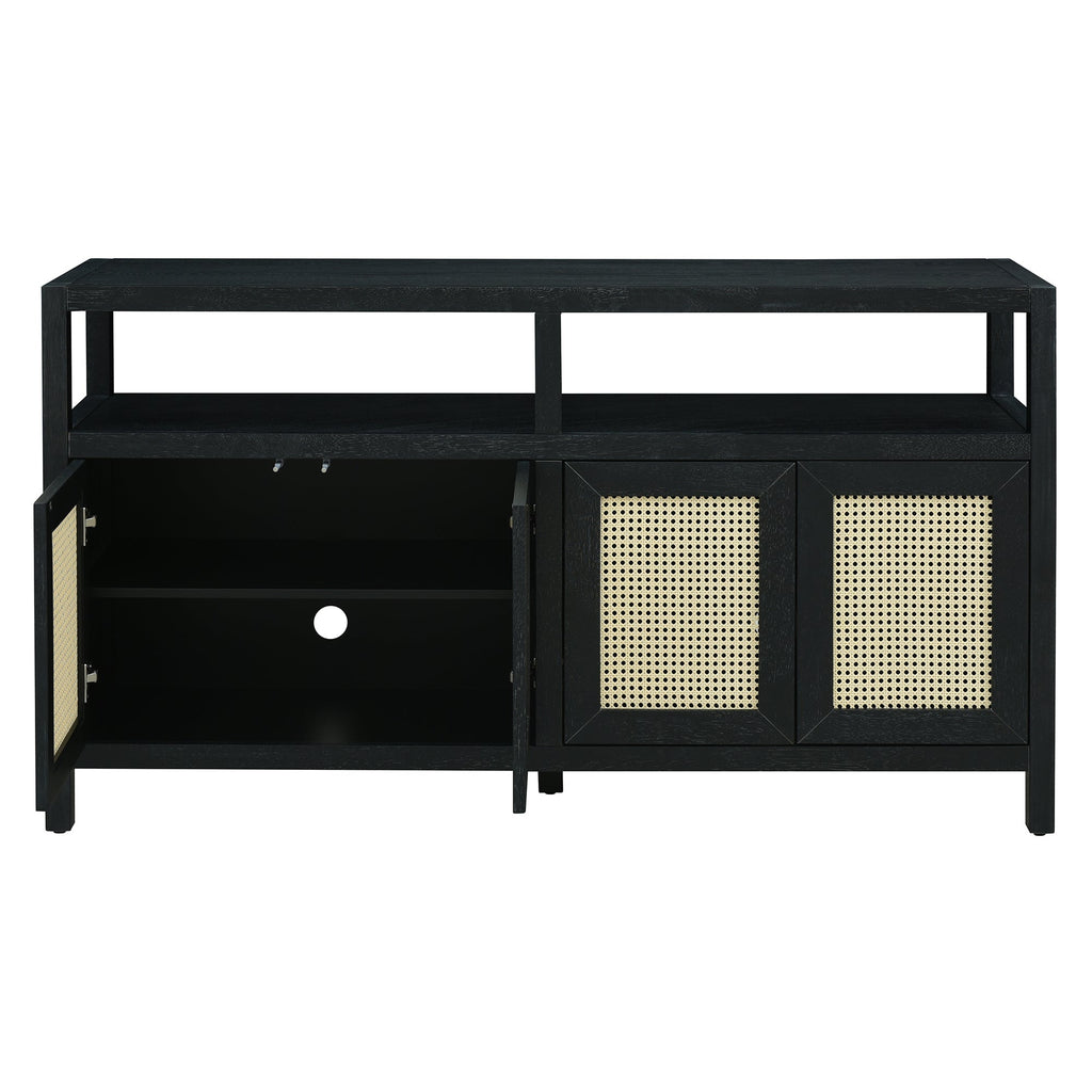 TREXM Bohemian Style Rattan Buffet Storage Cabinet with Solid Wood Frame, Sideboard with 3-position Adjustable Shelves for Living & Dining Rooms, No-Handle Push-to-Open Design (Black)
