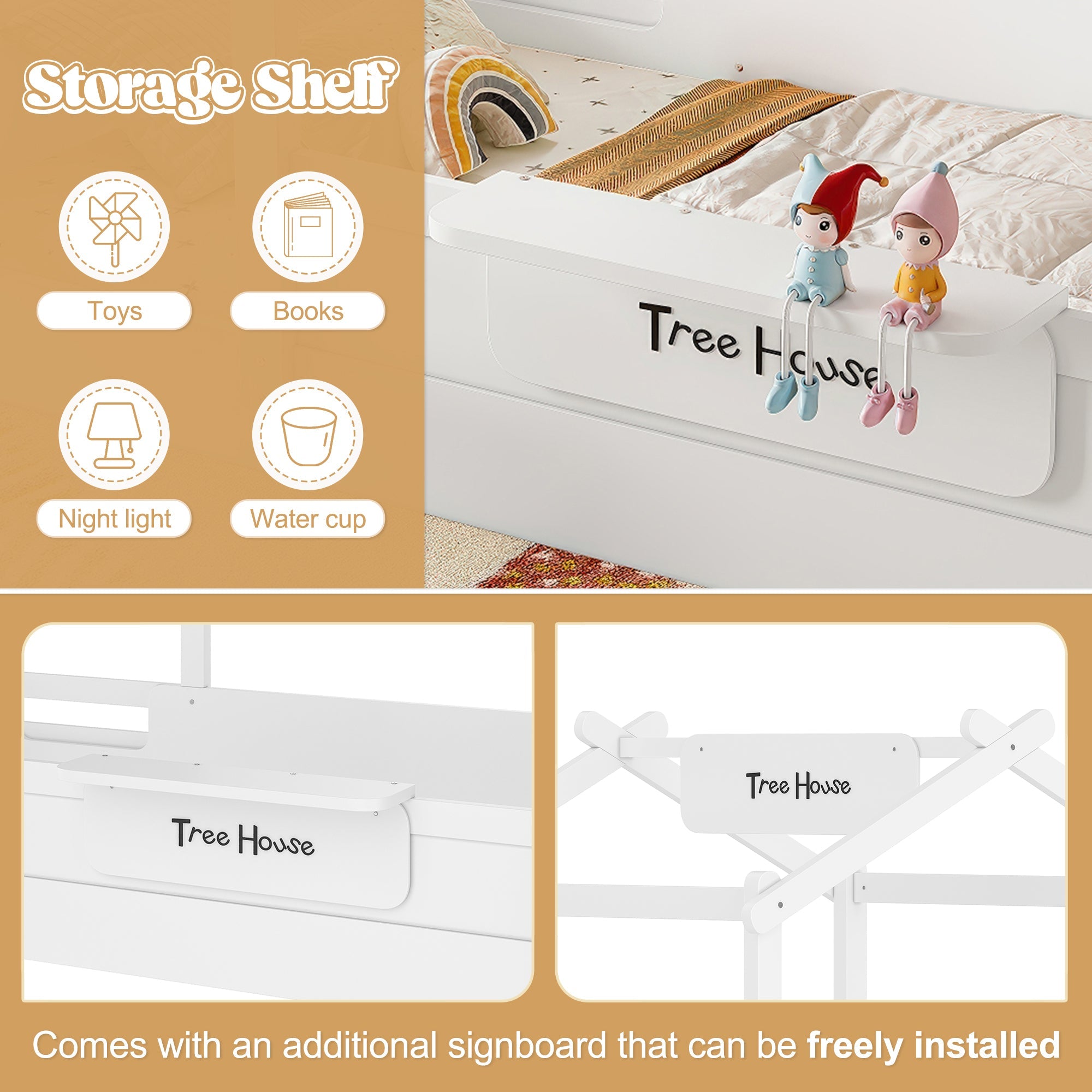 Queen Size Floor Bed with Guardrails and Roof, Kids House Floor Bed with a Small Built-in Tray and Free-installed Signboard, Childlike Design, White