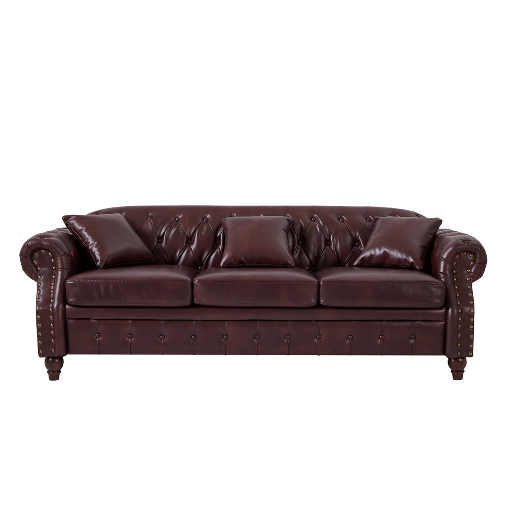 85.8' Living Room Chesterfield Sofa Classic Tufted Design Faux Leather PU Upholstered Sofa with Storage (Burgundy)