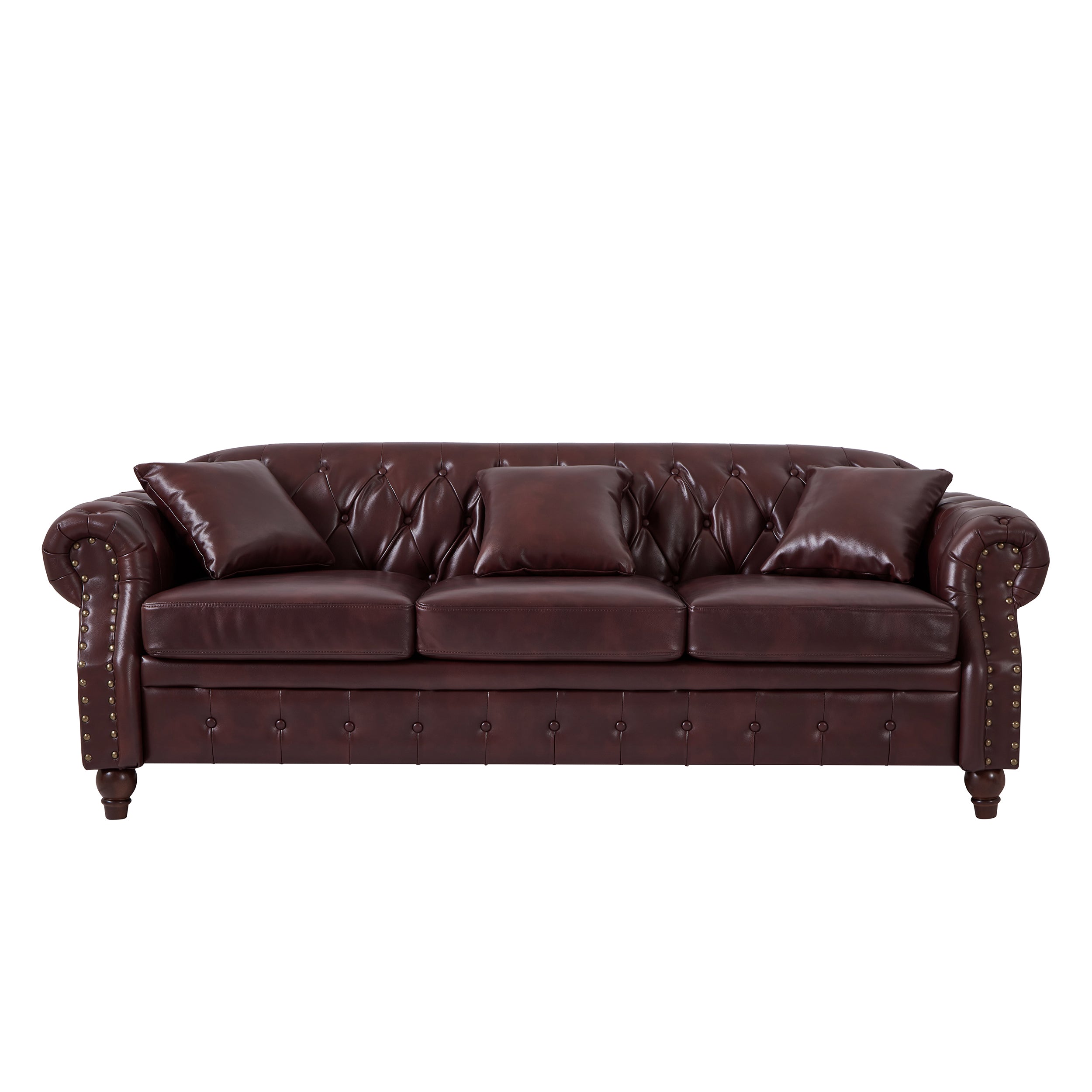 85.8' Living Room Chesterfield Sofa Classic Tufted Design Faux Leather PU Upholstered Sofa with Storage (Burgundy)