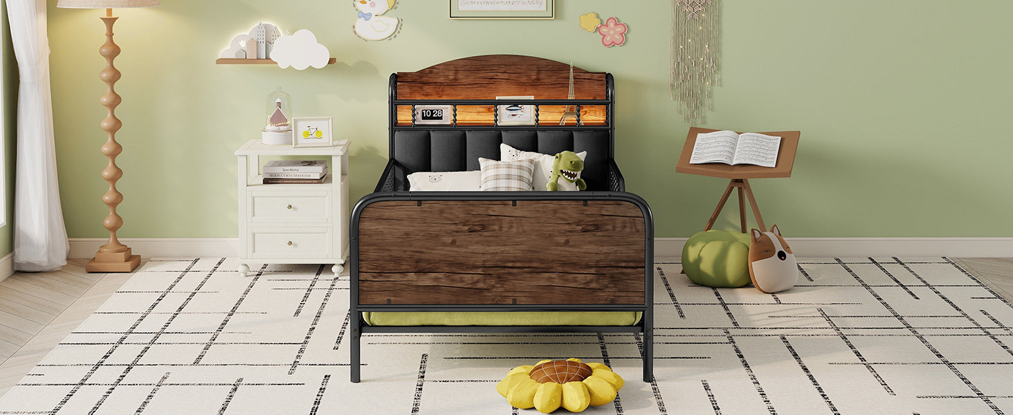 Twin Size Metal Platform Bed Frame with Light, Kids Twin Metal Bed with Upholstered and Storage Headboard, Black (Expect Arrival Date 2025/10/5)