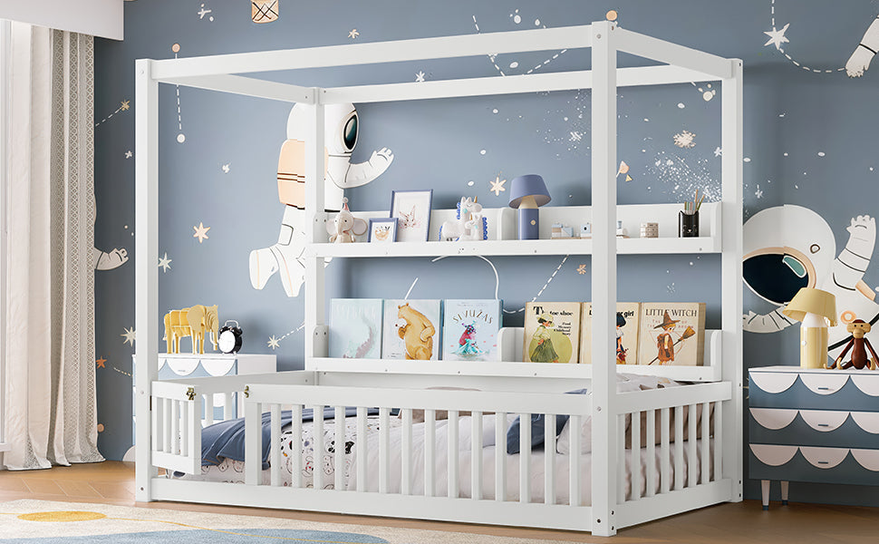 Twin Size Canopy Bed with Guardrails, Solid Wood Floor Bed with Shelves, Montessori Floor Bed Frame for Kids, Boys, Girls, No Spring Box Needed, White