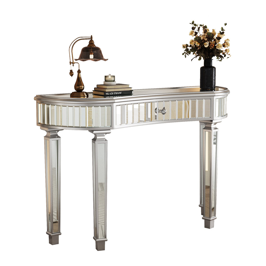 47' Half-Moon Mirrored Console Table with Fluted Glass & Crystal Knob Drawer - Silver Entryway Vanity Desk for Bedroom/Dressing Room(Grey+Sliver)