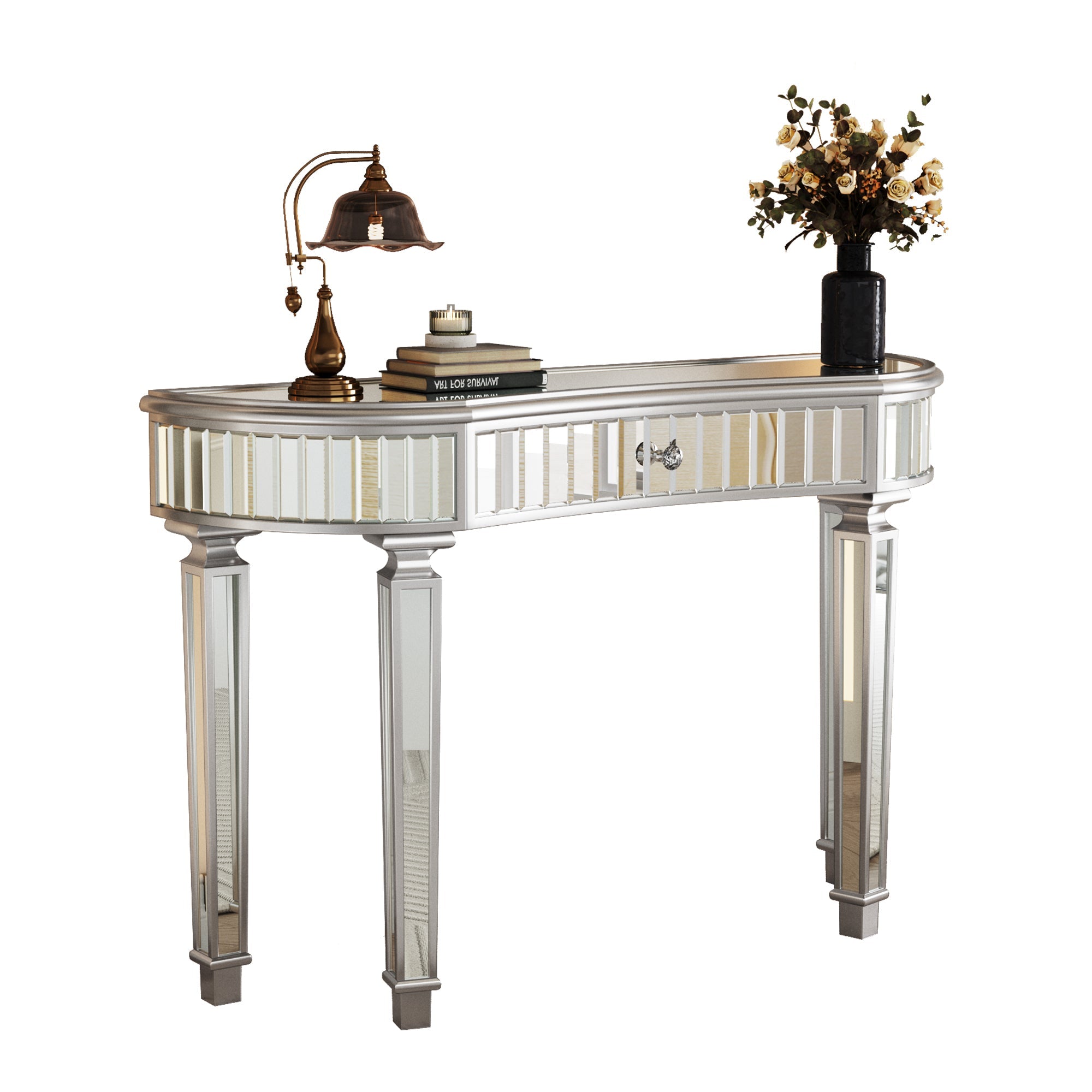 47' Half-Moon Mirrored Console Table with Fluted Glass & Crystal Knob Drawer - Silver Entryway Vanity Desk for Bedroom/Dressing Room(Grey+Sliver)