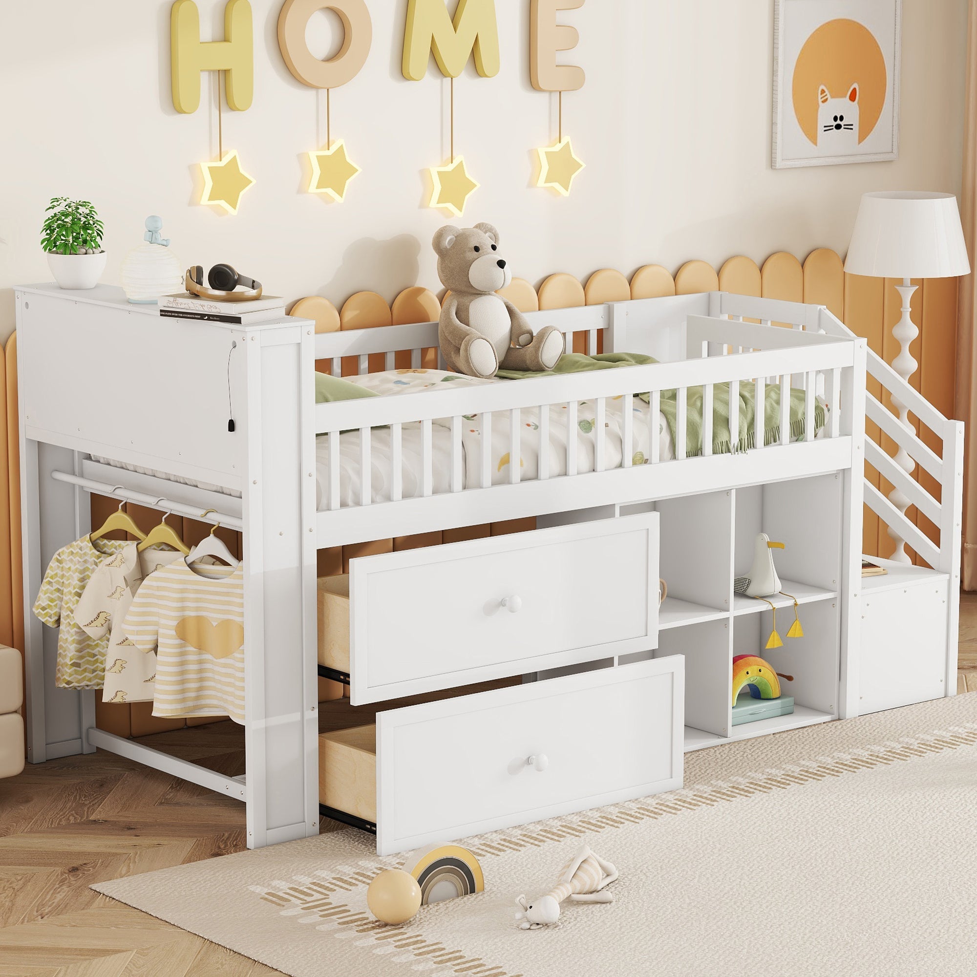 Twin Size Loft Bed with LED and Bookshelf, Wood Low Loft Bed with Stairs, Kids Twin Loft Bed with Storage Drawers and Shelves,White (Expect Arrival Date 2025/1/20)